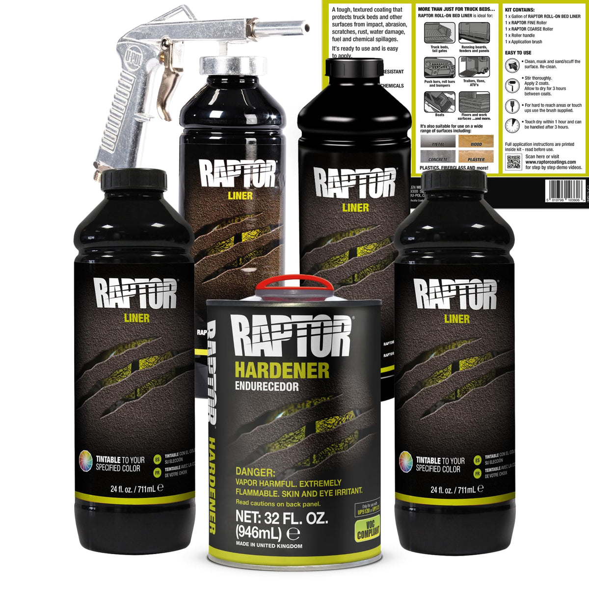 Mutes Raptor U-POL Raptor Tintable Urethane Truck Bed Liner Kit with Spray Gun, 4 Q ...