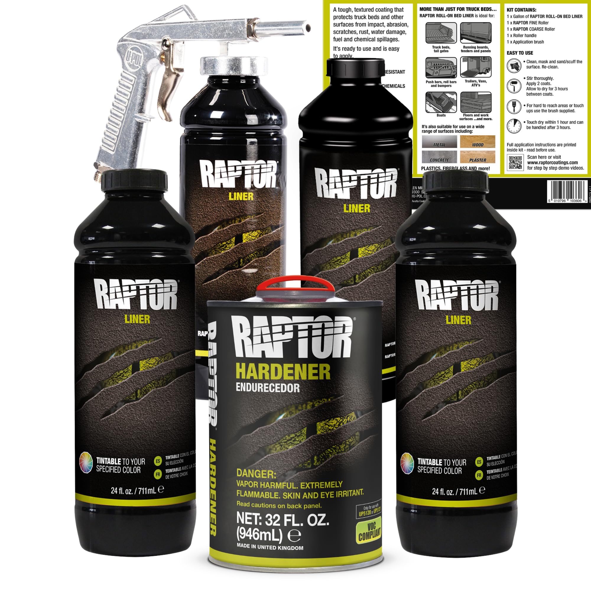 Raptor Tintable Urethane Spray-On Truck Bed Liner Kit, Protective Paint With Spray Gun, For Tailgates & Trucks, Vehicle Undercoa