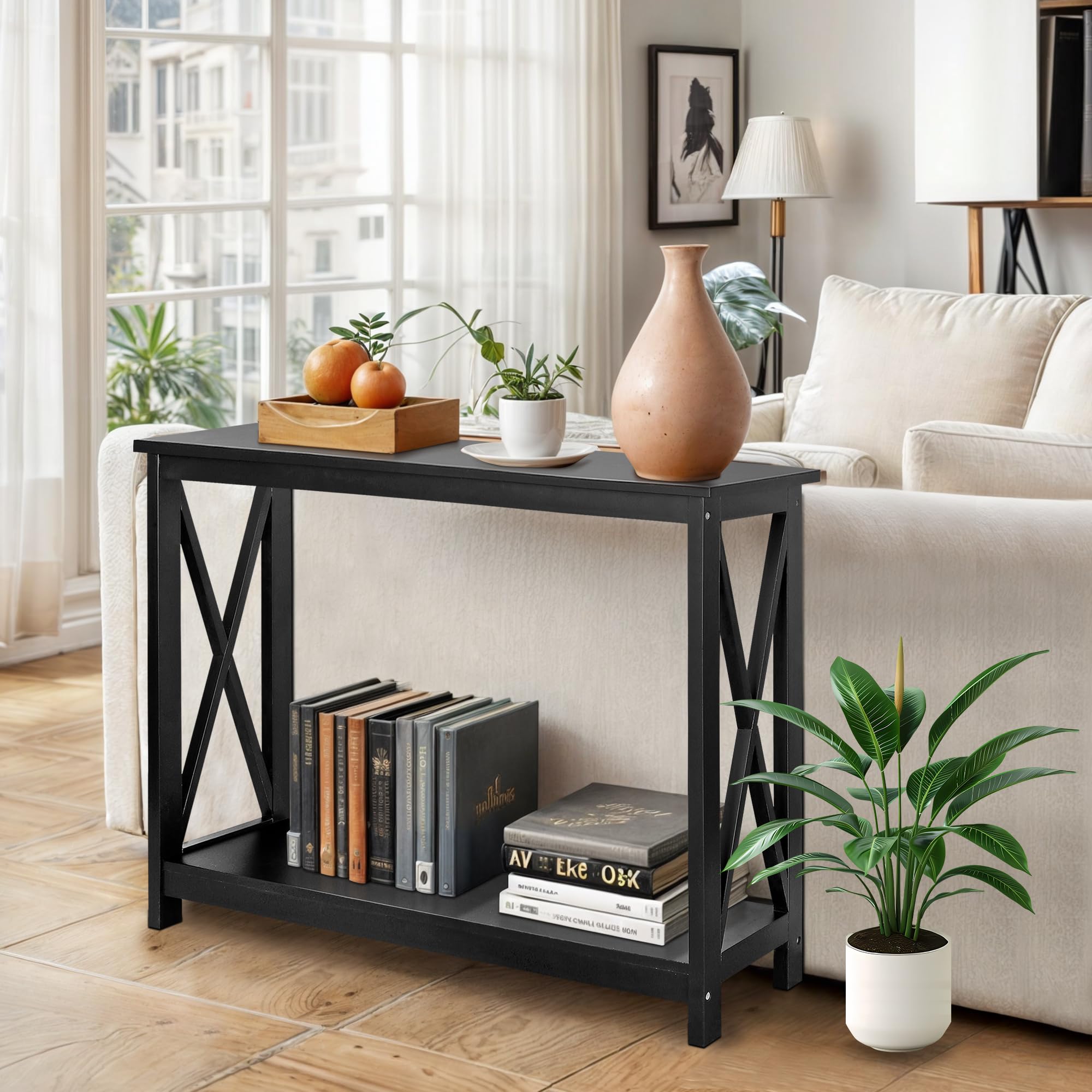 Super Deal 2-Tier Narrow Console Sofa Side Table For Entryway/Hallway/Living Room, 39.3In L X 11.8In W X 31.6In H, Black