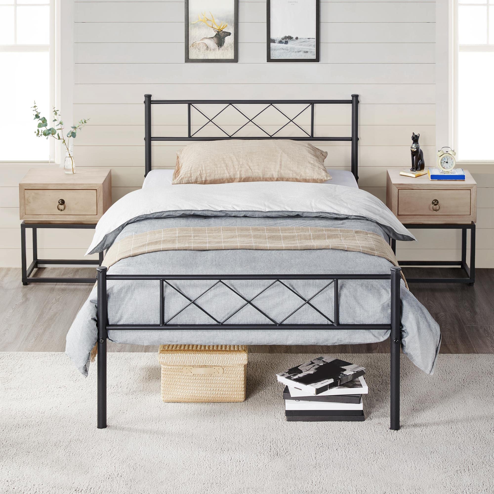 Yaheetech Twin XL Metal Platform Bed Frame Mattress Foundation with Headboard and Footboard No Box Spring Needed Under Bed Stora