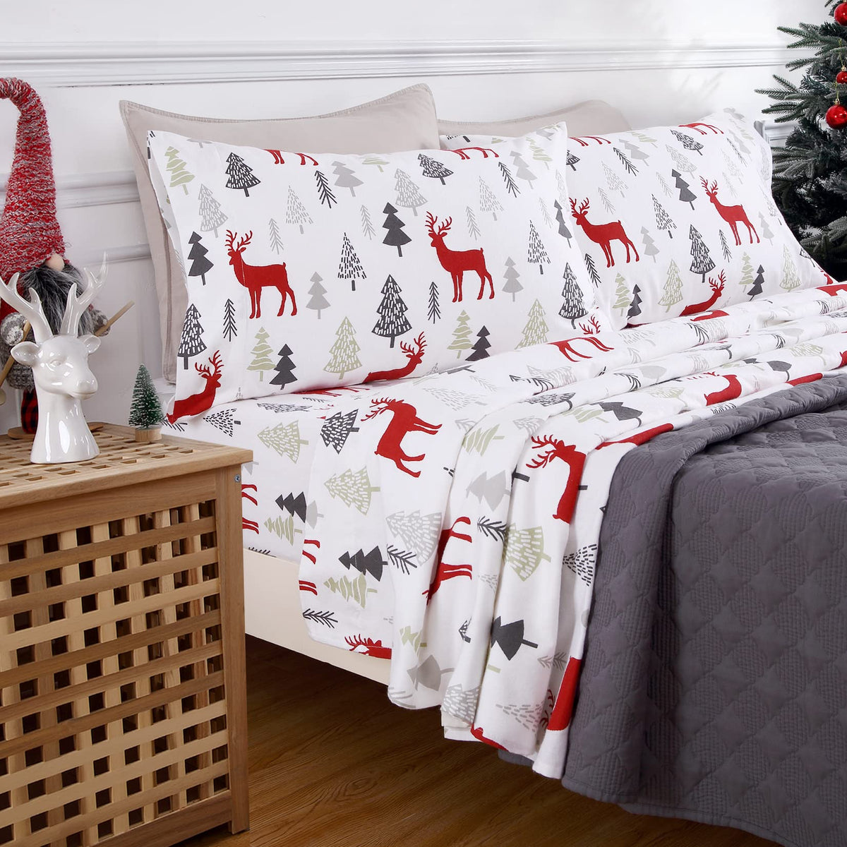 Caromio Christmas Flannel Sheets Queen, 100% Cotton Printed Bed Sheet Set, Soft Heavyweight Brushed Flannel, 16 Inches Deep Pock