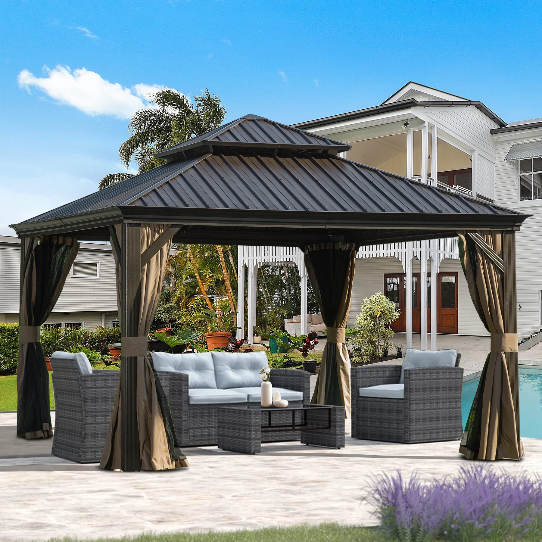 Domi Outdoor Living 12 X 12 Hardtop Gazebo, Outdoor Aluminum Frame Canopy With Galvanized Steel Double Roof, Outdoor Permanent M