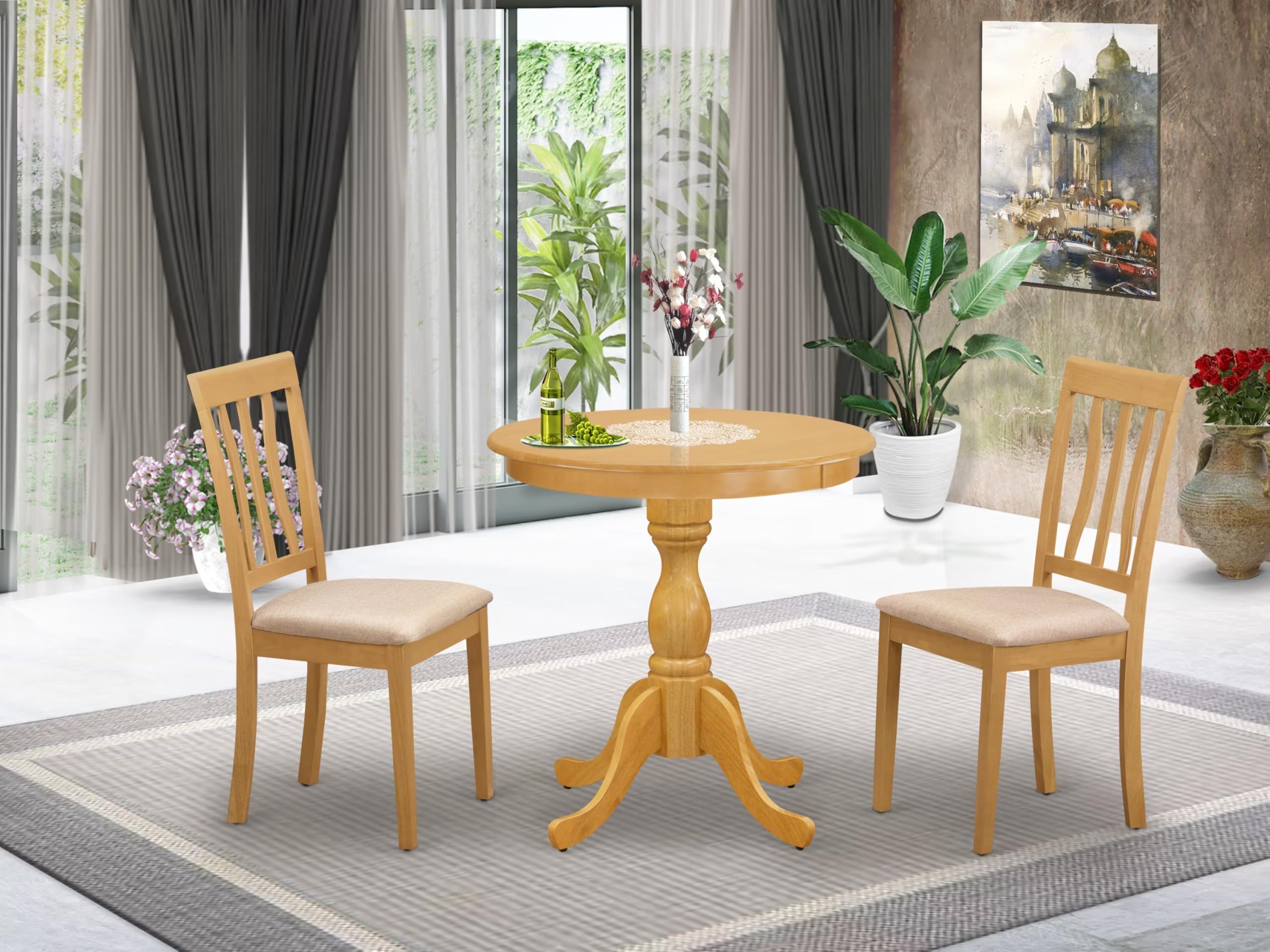 East West Furniture Esan3-Oak-C 3 Piece Kitchen Table & Chairs Set Contains A Round Dining Room Table With Pedestal And 2 Linen Fabric Upholstered Chairs, 30X30 Inch, Oak