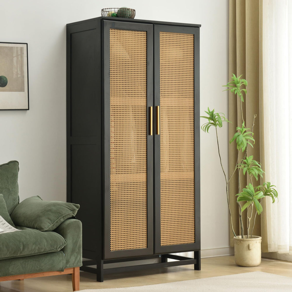 Woodpeckers Furniture And Mattress Solid Pine Wood Closet with Rattan Doors (Black)