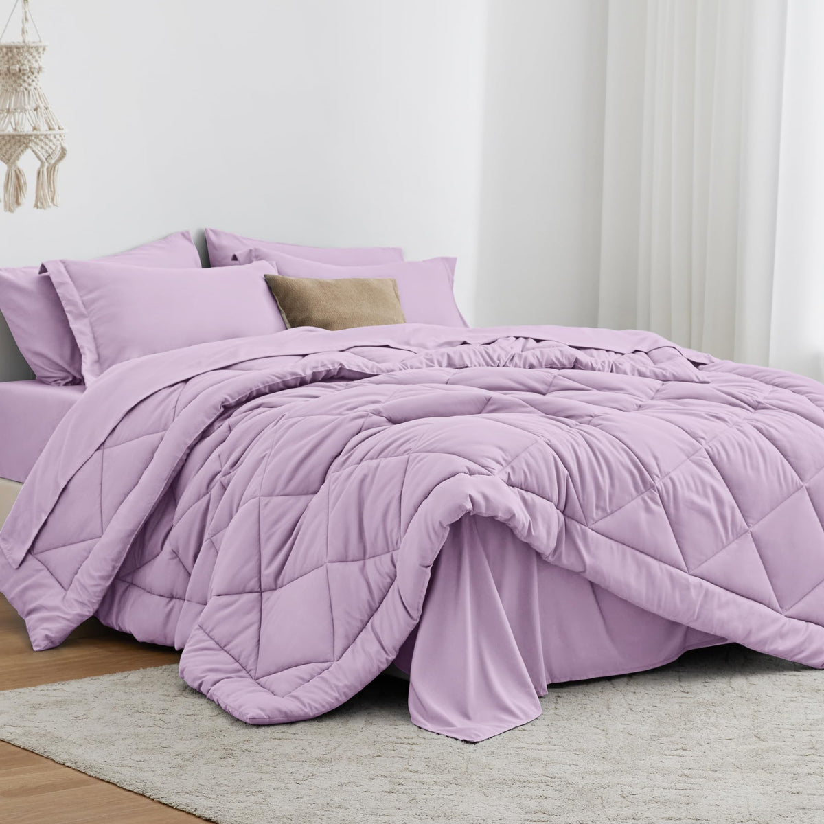 Love'S Cabin Queen Comforter Set Lavender, 7 Pieces Queen Bed In A Bag, All Season Queen Bedding Sets With 1 Comforter, 1 Flat S