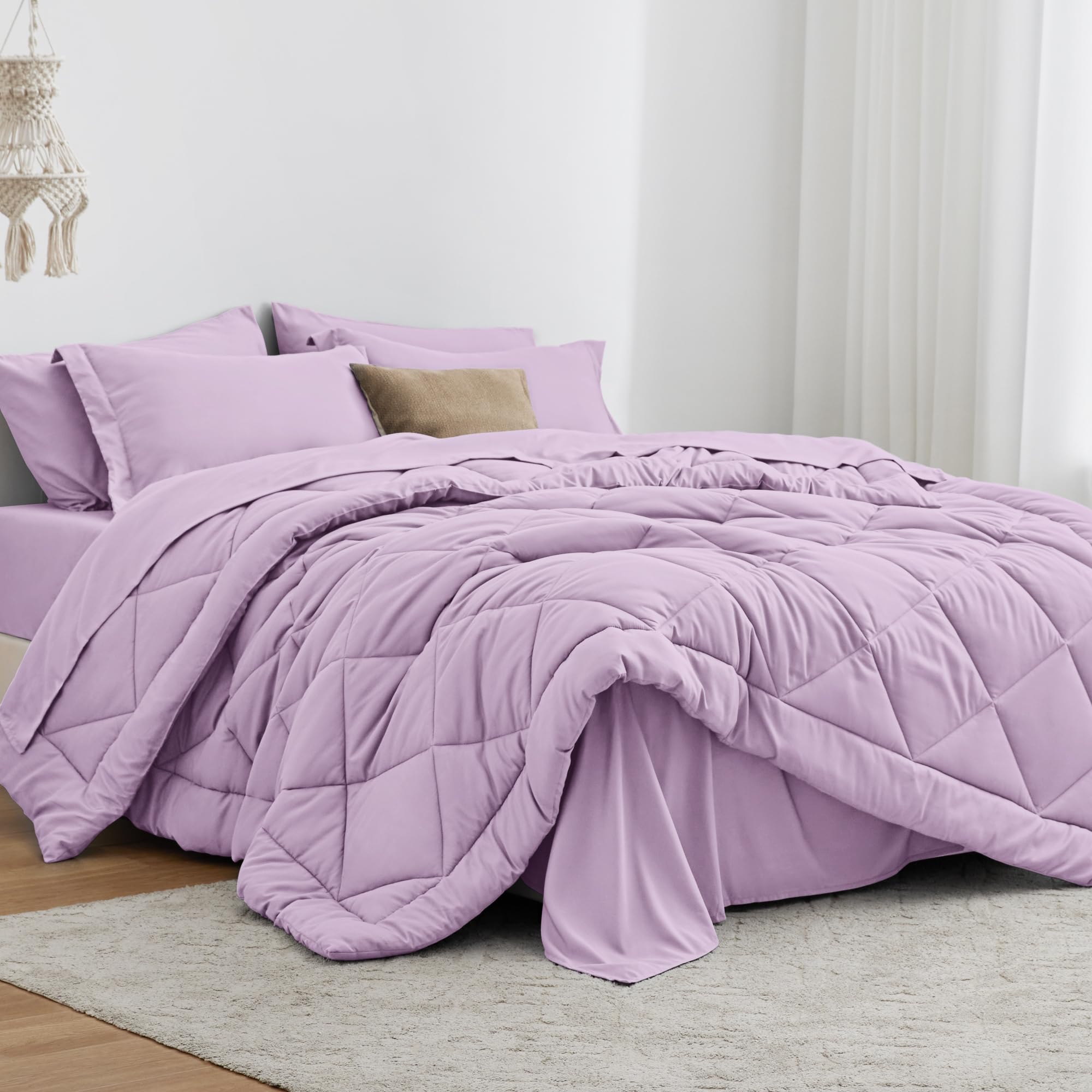 Love'S Cabin Queen Comforter Set Lavender, 7 Pieces Queen Bed In A Bag, All Season Queen Bedding Sets With 1 Comforter, 1 Flat S