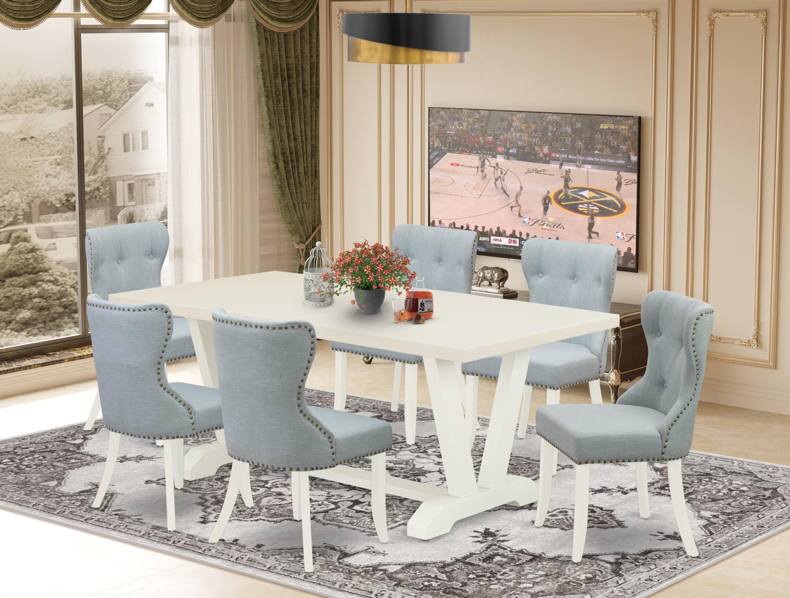 East West Furniture V027Si215-7 7 Piece Dining Room Table Set Consist Of A Rectangle Kitchen Table With V-Legs And 6 Baby Blue Linen Fabric Parson Dining Chairs, 40X72 Inch, Multi-Color