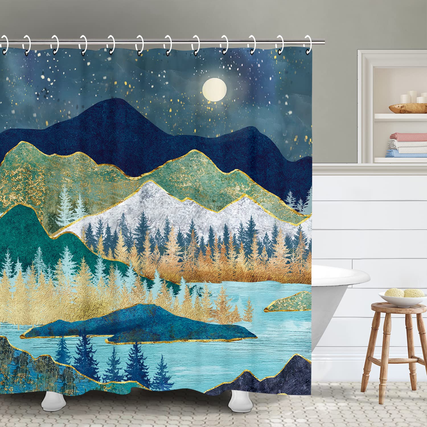 RosieLily Mountain Shower Curtain, Forest Shower Curtain, Starry Night Shower Curtain Hooks, Night Sky Stars Cool Art Shower Cur