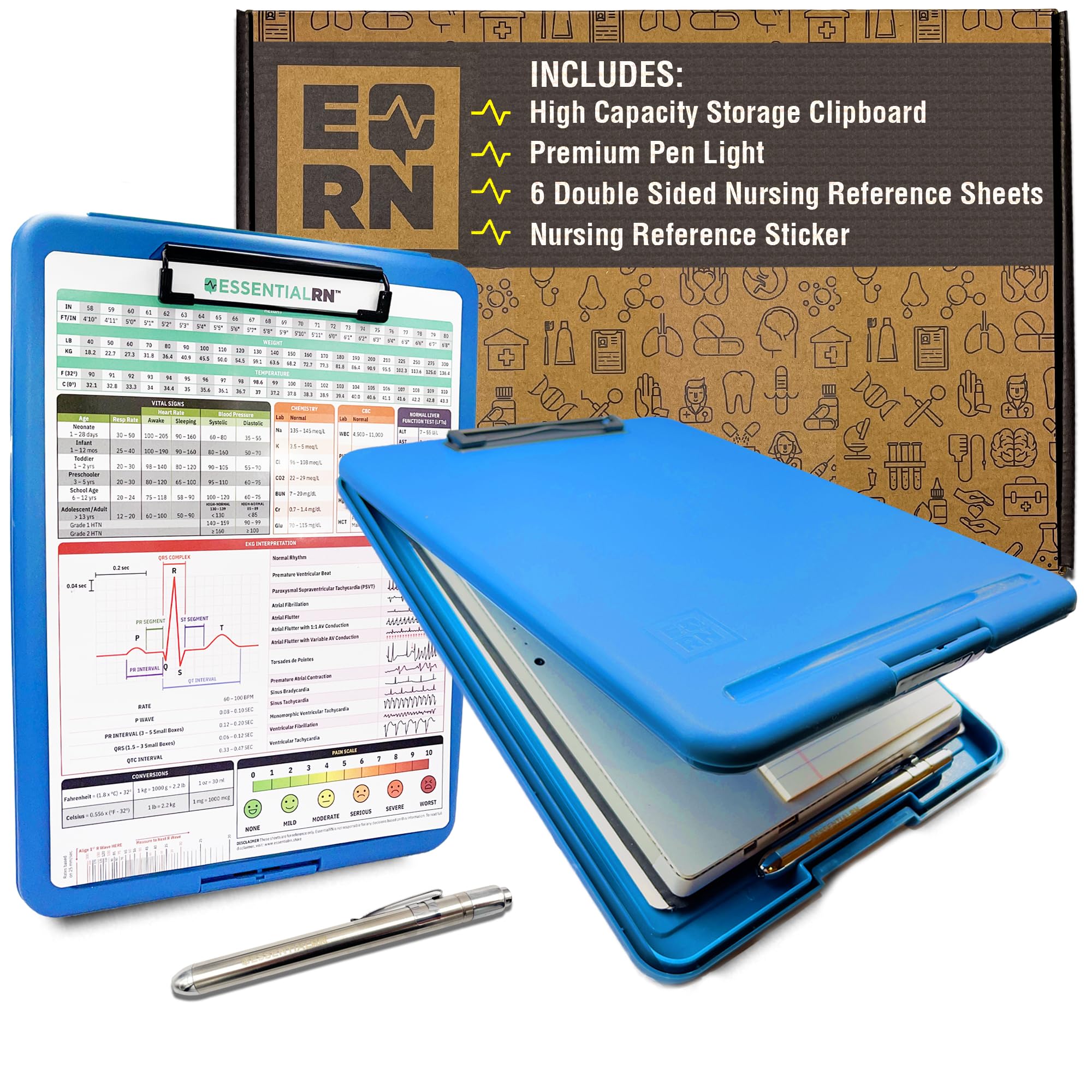 Essential Rn Clipboard With Storage, Nursing And Medical Edition Cheat Sheets & Pen Light - Heavy Duty Clinical Plastic Nurse Cl