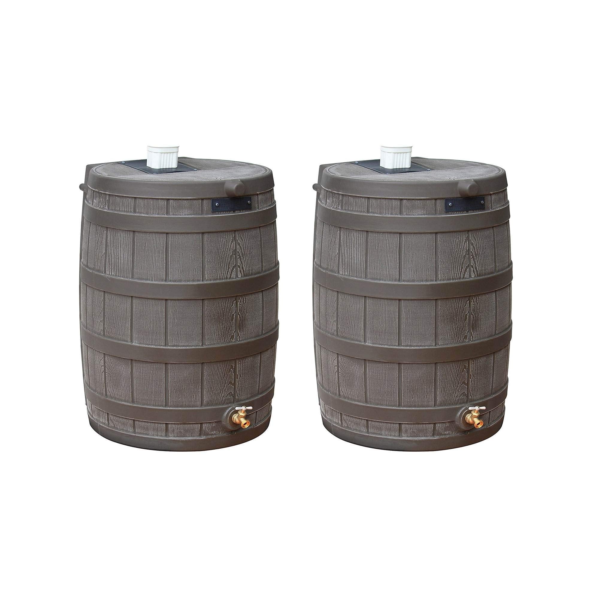 Good Ideas 50 Gallon Large Faux Wood Plastic Rain Water Barrel Collector With Brass Spigot For Rainwater Collection And Storage,