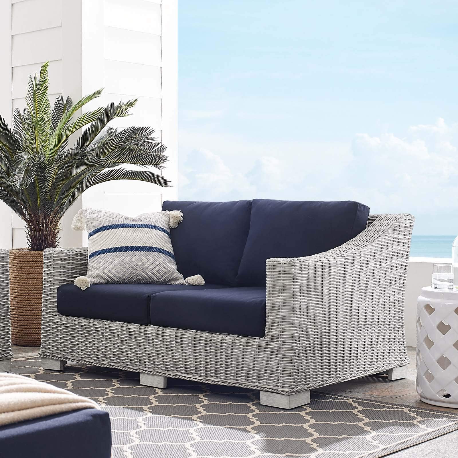 Modway Eei-3973-Lgr-Nav Conway Sunbrella Outdoor Patio Wicker Rattan, Loveseat, Light Gray Navy