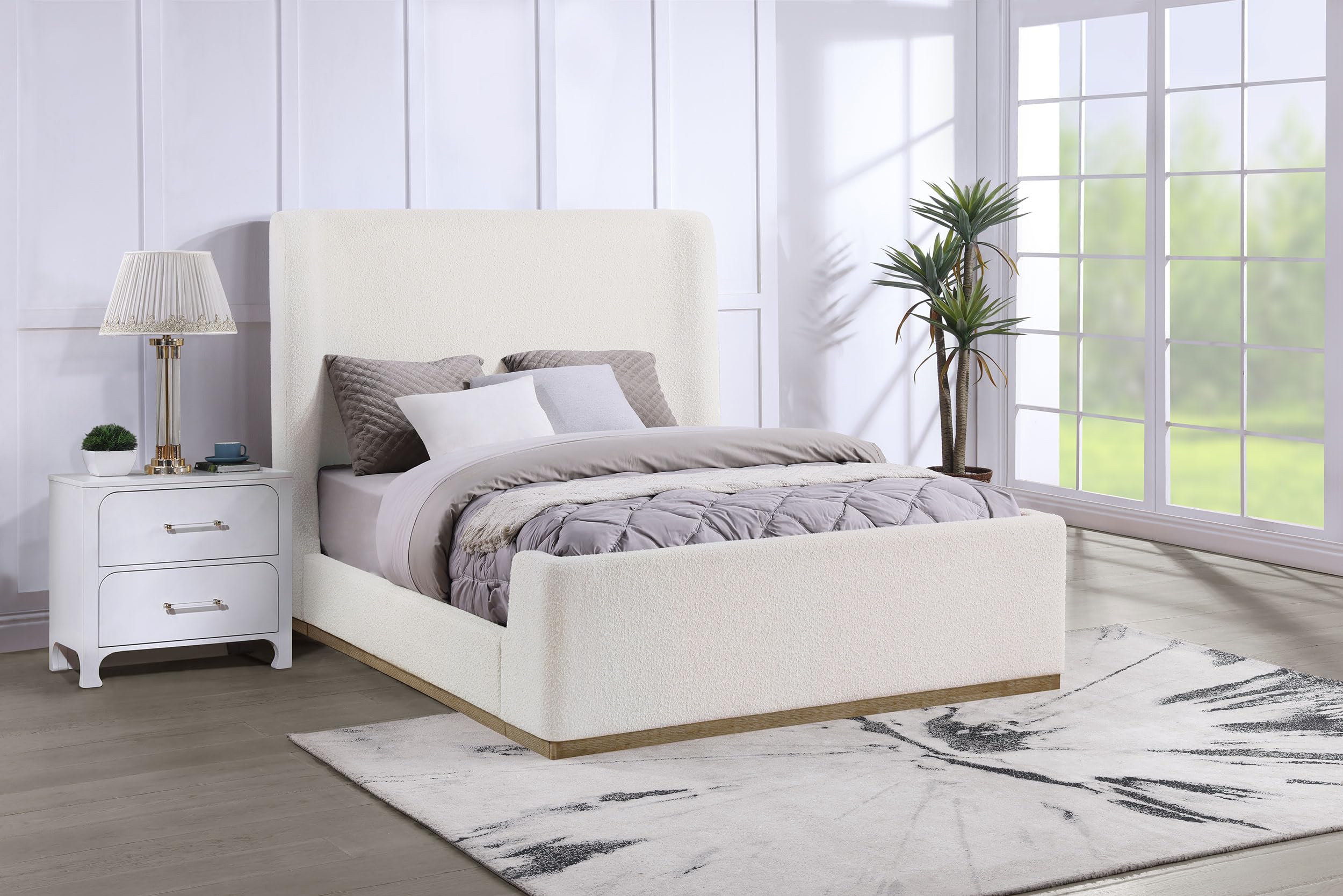 Coaster Home Furnishings Nala Contemporary Boucle Upholstered Queen Size Sleigh Bed Frame Platform Bed 57-inch Headboard Cream 302046Q