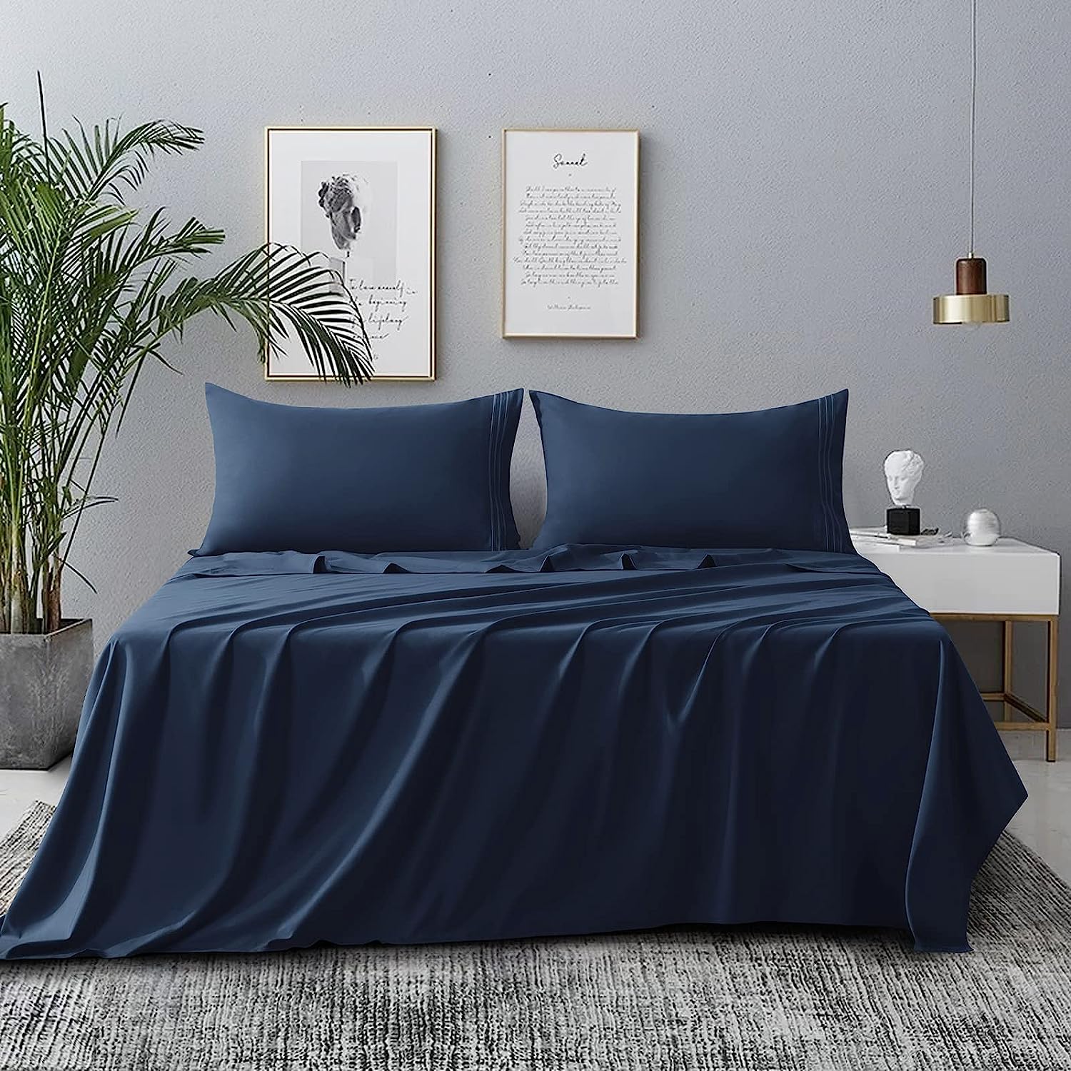 Cozylux Hotel Luxury California King Bed Sheets Set - 1800 Series 4-Piece Embroidered Microfiber Cali King Sheets, Double Brushed, 16' Deep Pocket, Soft And Wrinkle-Resistant, Cal King Navy Blue