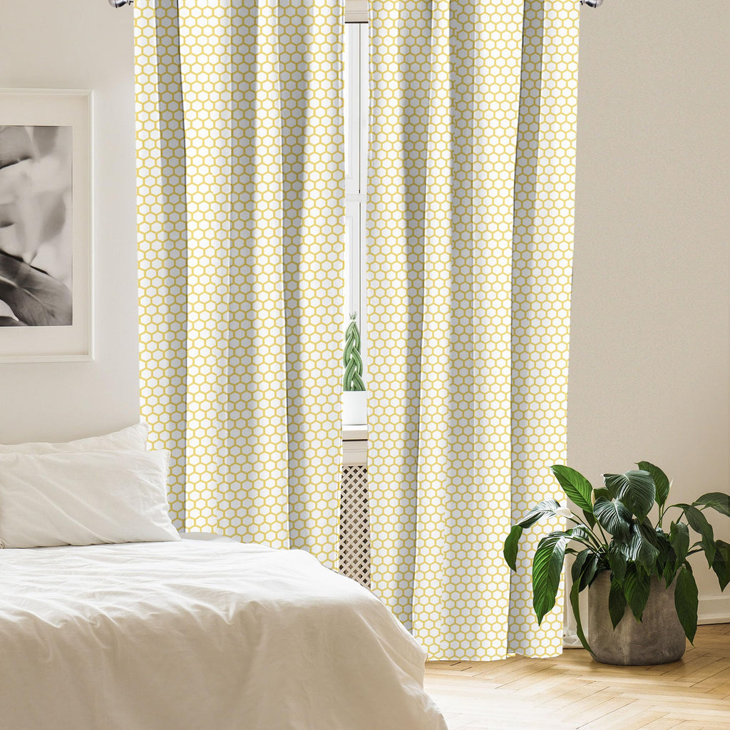 Ambesonne Yellow And White Window Curtains Pack Of 2, Hexagonal Pattern Honeycomb Beehive Simplistic Geometrical Monochrome, Lig