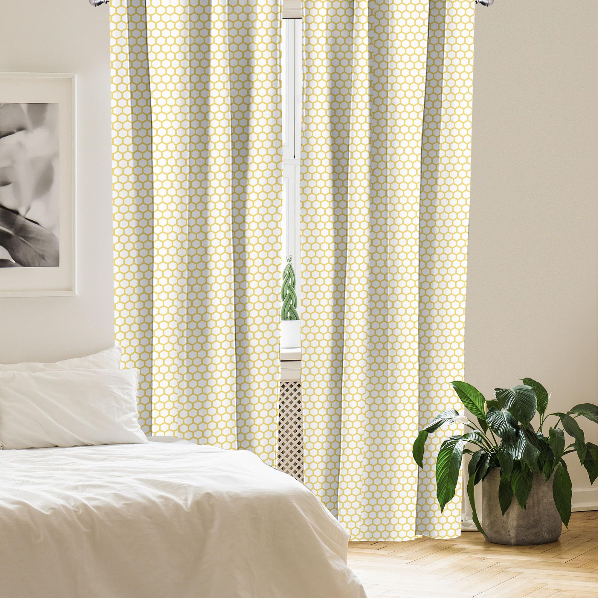 Ambesonne Yellow And White Window Curtains Pack Of 2, Hexagonal Pattern Honeycomb Beehive Simplistic Geometrical Monochrome, Lig