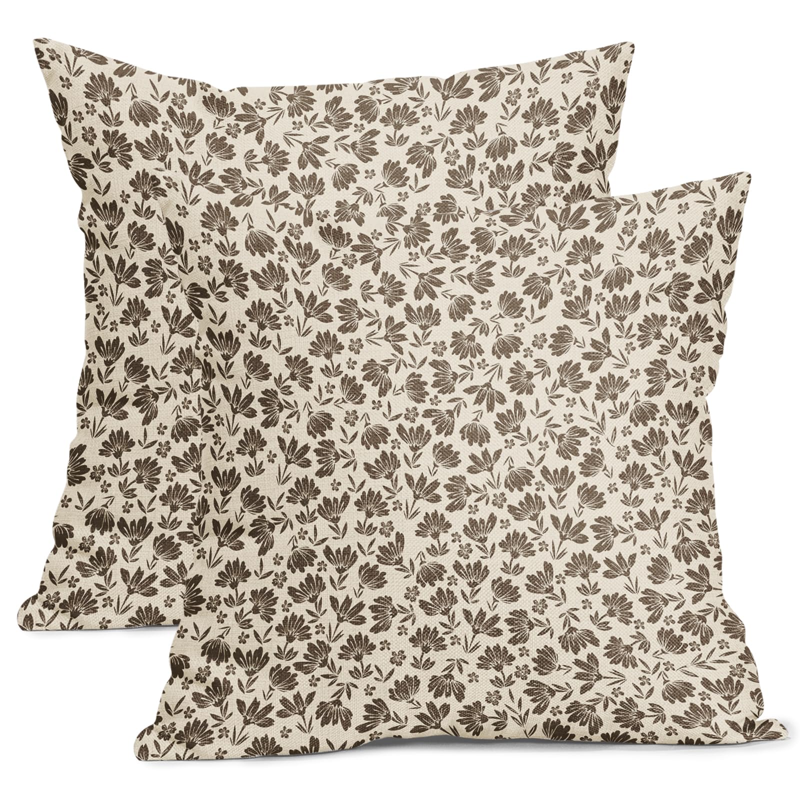 Kawani Daisy Floral Block Print Pillow Covers 20X20 Inch Brown Beige Flowers Decorative Square Pillow Cases Set Of 2 Farmhouse H