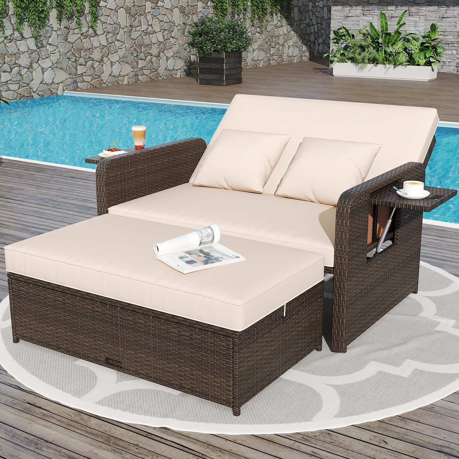 S Afstar Outdoor Daybed With Storage Ottoman, Wicker Chaise Lounge Chair With Cushions, Adjustable Backrest & 2 Retractable Tray
