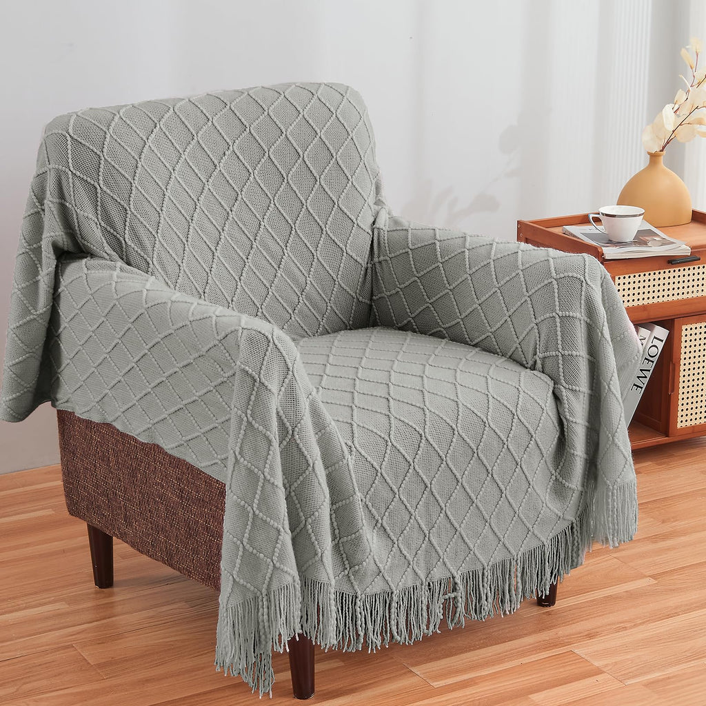 Inhand Knitted Throw Blankets For Couch And Bed, Soft Cozy Knit Blanket With Tassel, Light Grey Lightweight Decorative Blankets