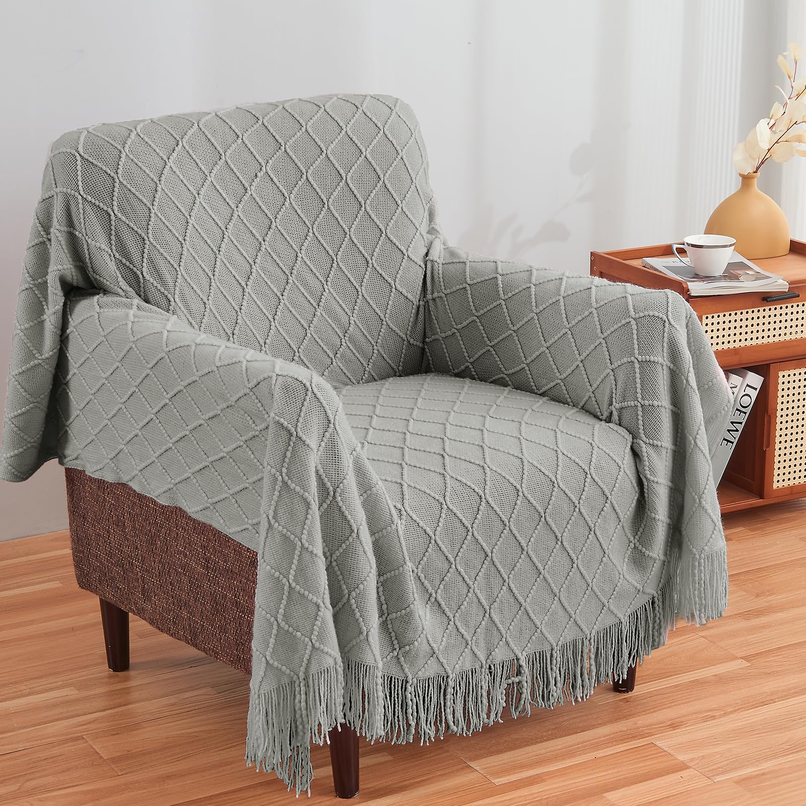 Inhand Knitted Throw Blankets For Couch And Bed, Soft Cozy Knit Blanket With Tassel, Light Grey Lightweight Decorative Blankets