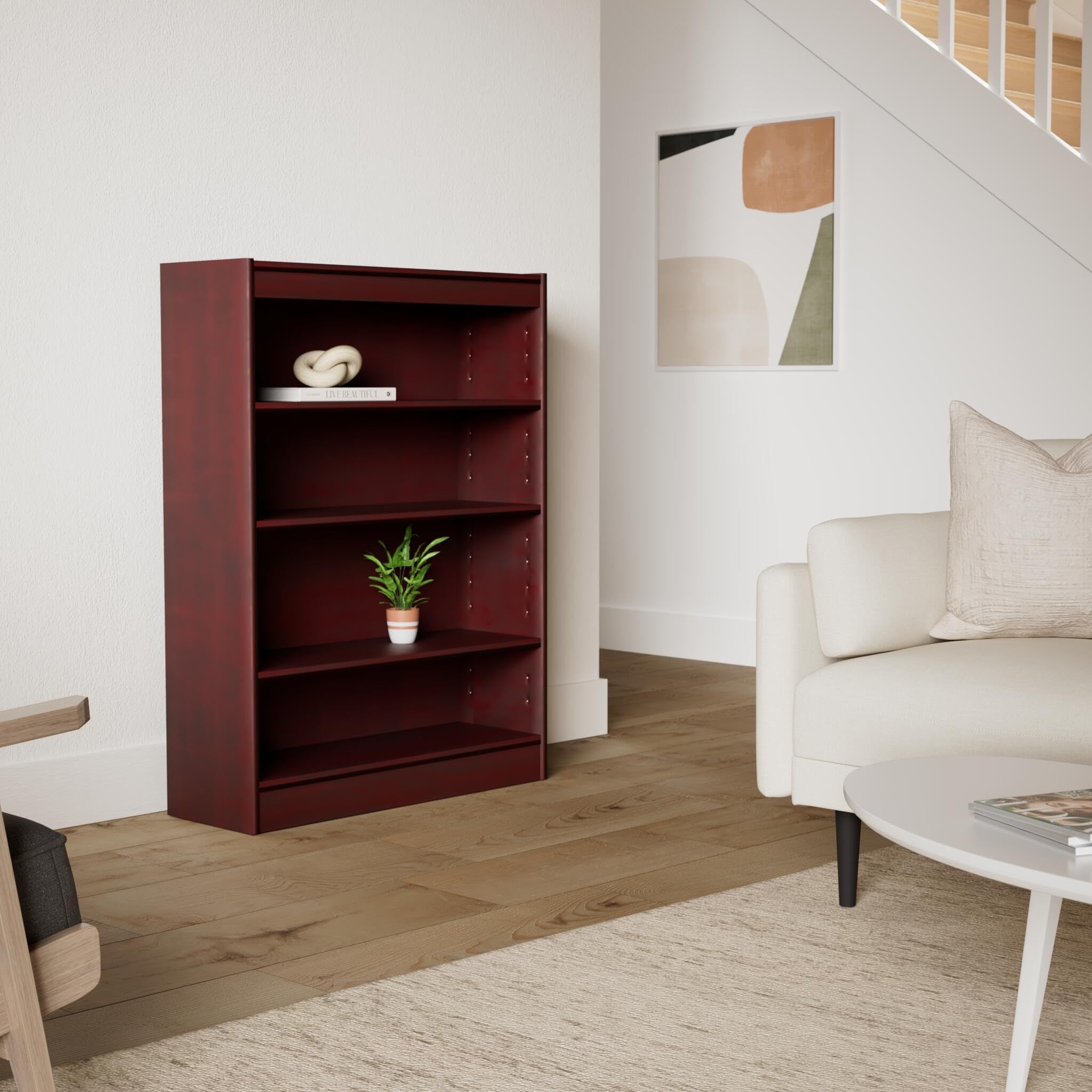 Lorell 4-Shelf Panel Mahogany Bookcase, 36&quot; x 12&quot; x 48&quot;