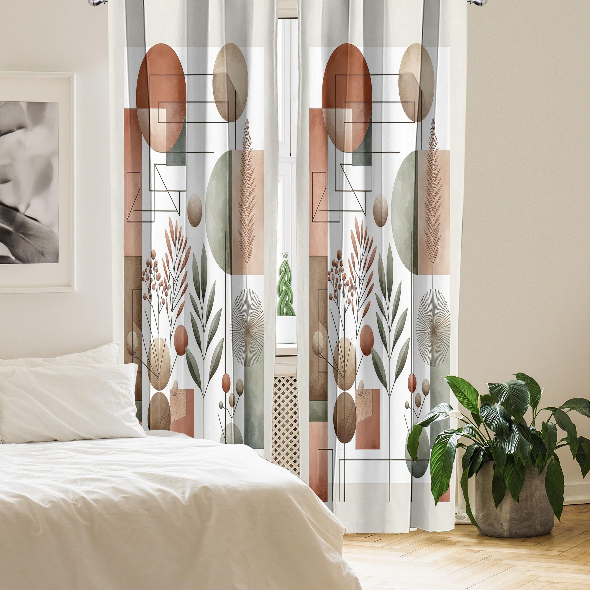 Ambesonne Mid Century Window Curtains Pack Of 2, Modern Boho Vibe Geometric Rounds And Rectangles With Leafy Branches, Lightweig