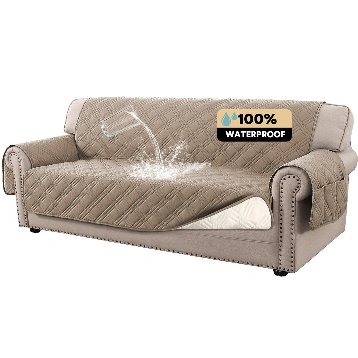 Princedeco 100% Waterproof Couch Cover For 3 Cushion Couch Sofa Pet Friendly Non-Slip Couch Cover For Dogs Washable Water Resistant Furniture Protector With Elastic Straps(Xl Sofa 78', Taupe)