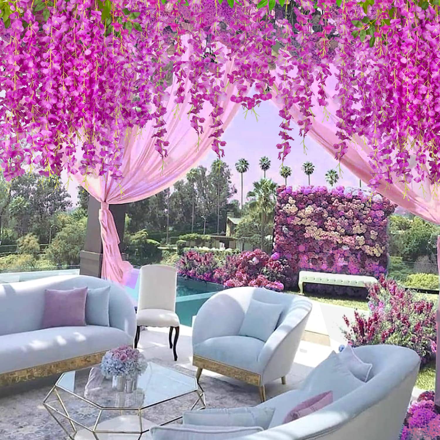 Aitisor 24 Pack Artificial Fake Wisteria Vine Ratta (3.75 Feet) Hanging Garland Silk Flowers String Home Party Wedding Decor(Pur