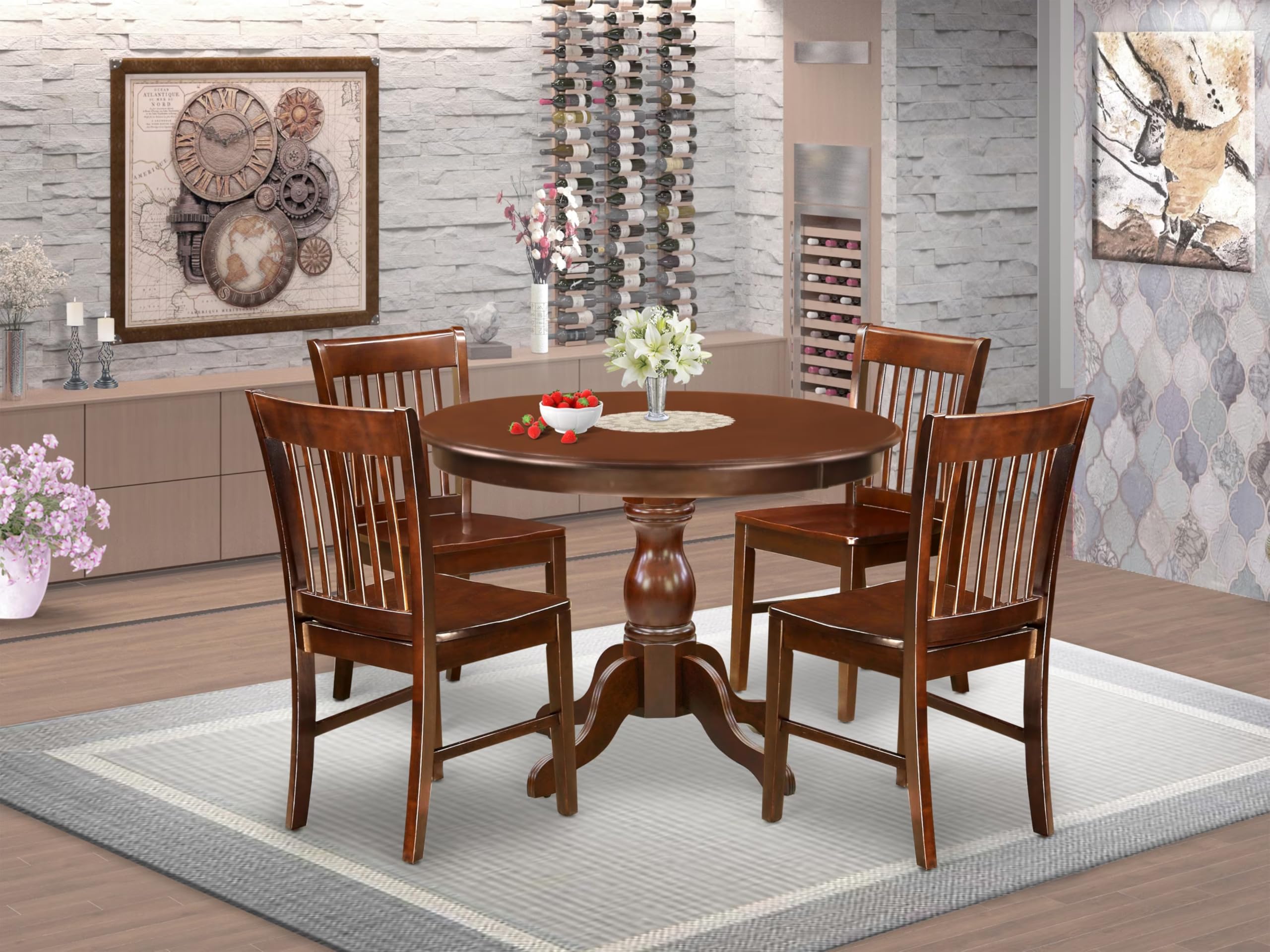 East West Furniture HBNF5-MAH-W 5 Piece Kitchen Table Set for 4 Includes a Round Dining Room Table with Pedestal and 4 Solid Wood Seat Chairs, 42x42 Inch, Mahogany
