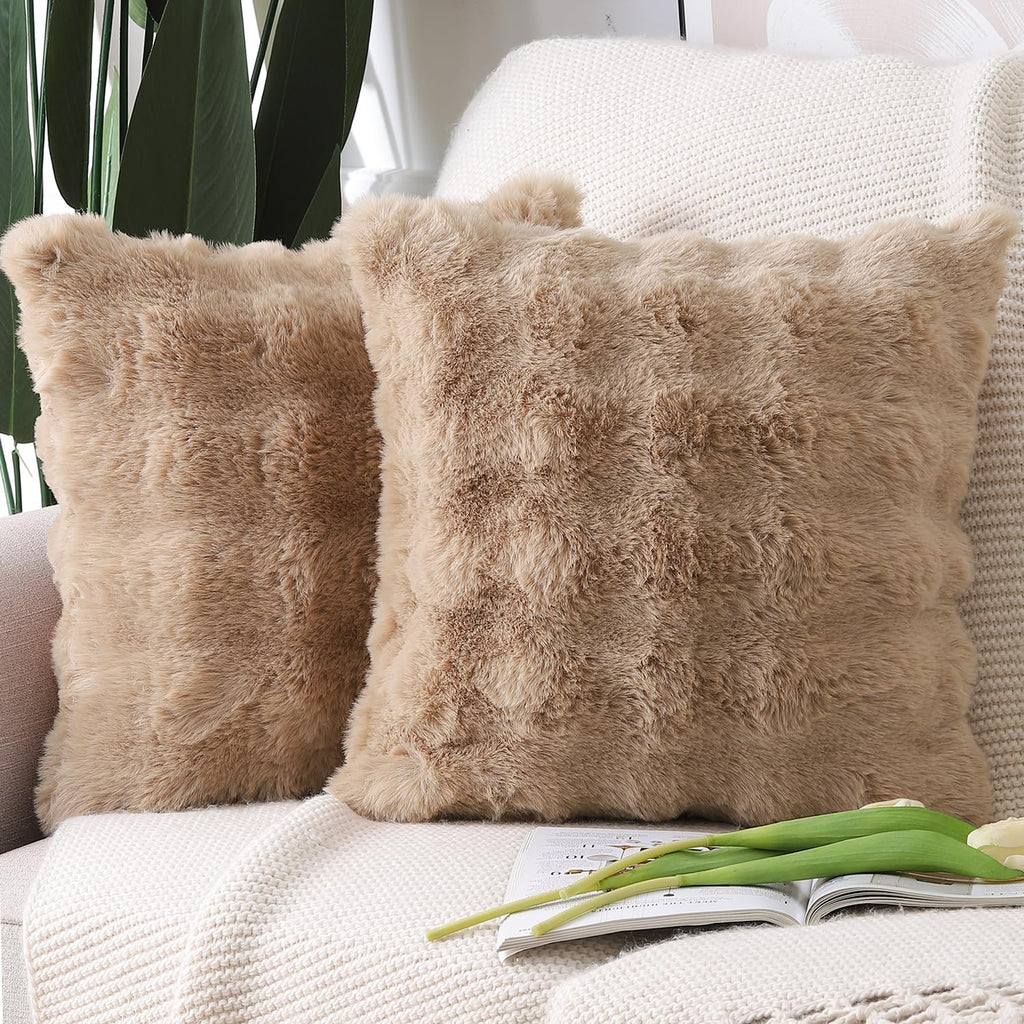 Madizz Pack Of 2 Thick Plush Wool Throw Pillow Covers 24X24 Inch Camel Soft Decorative Cushion Cover For Sofa Bedroom Pillow She