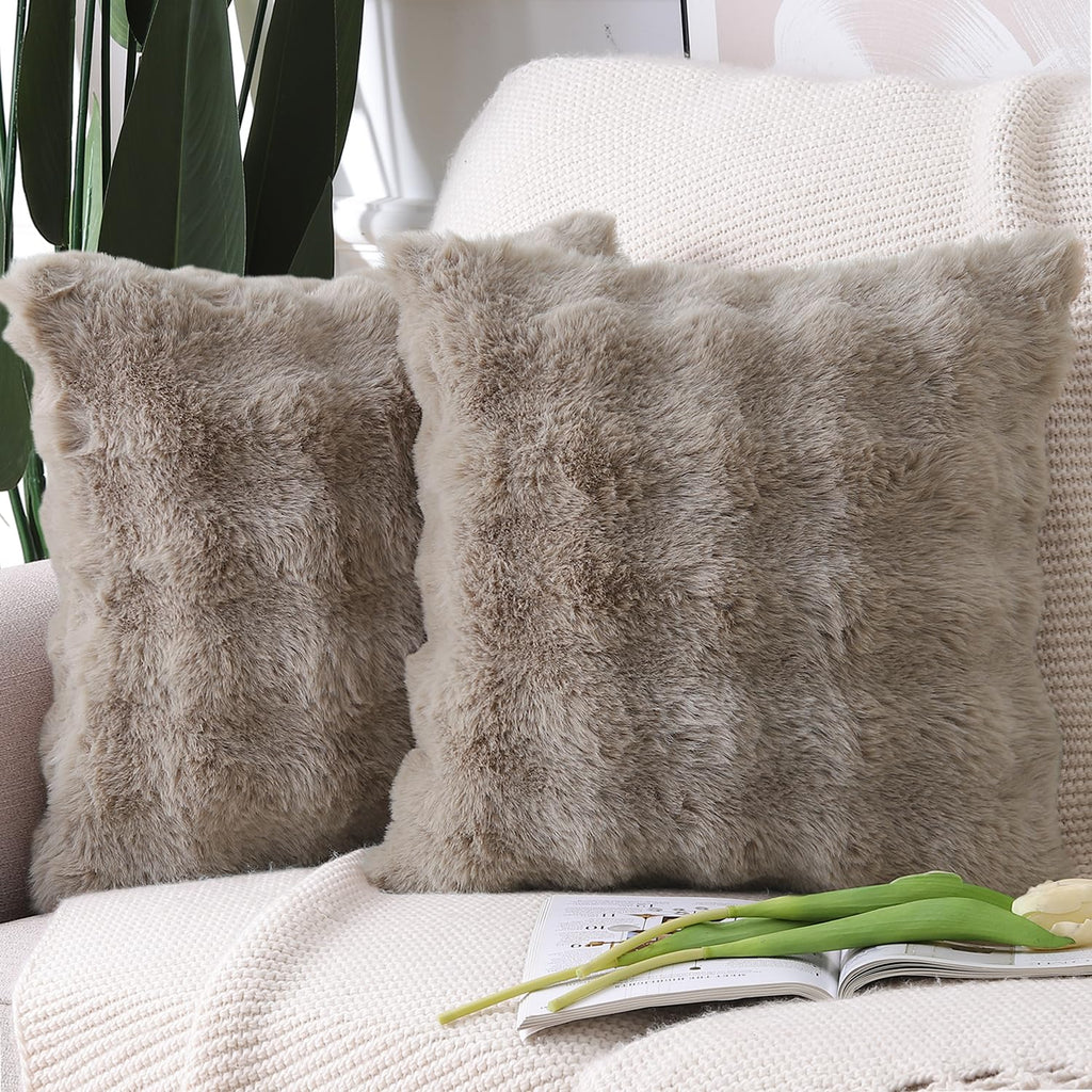 Madizz Pack Of 2 Thick Plush Wool Throw Pillow Covers 18X18 Inch Taupe Soft Decorative Cushion Cover For Sofa Bedroom Pillow She