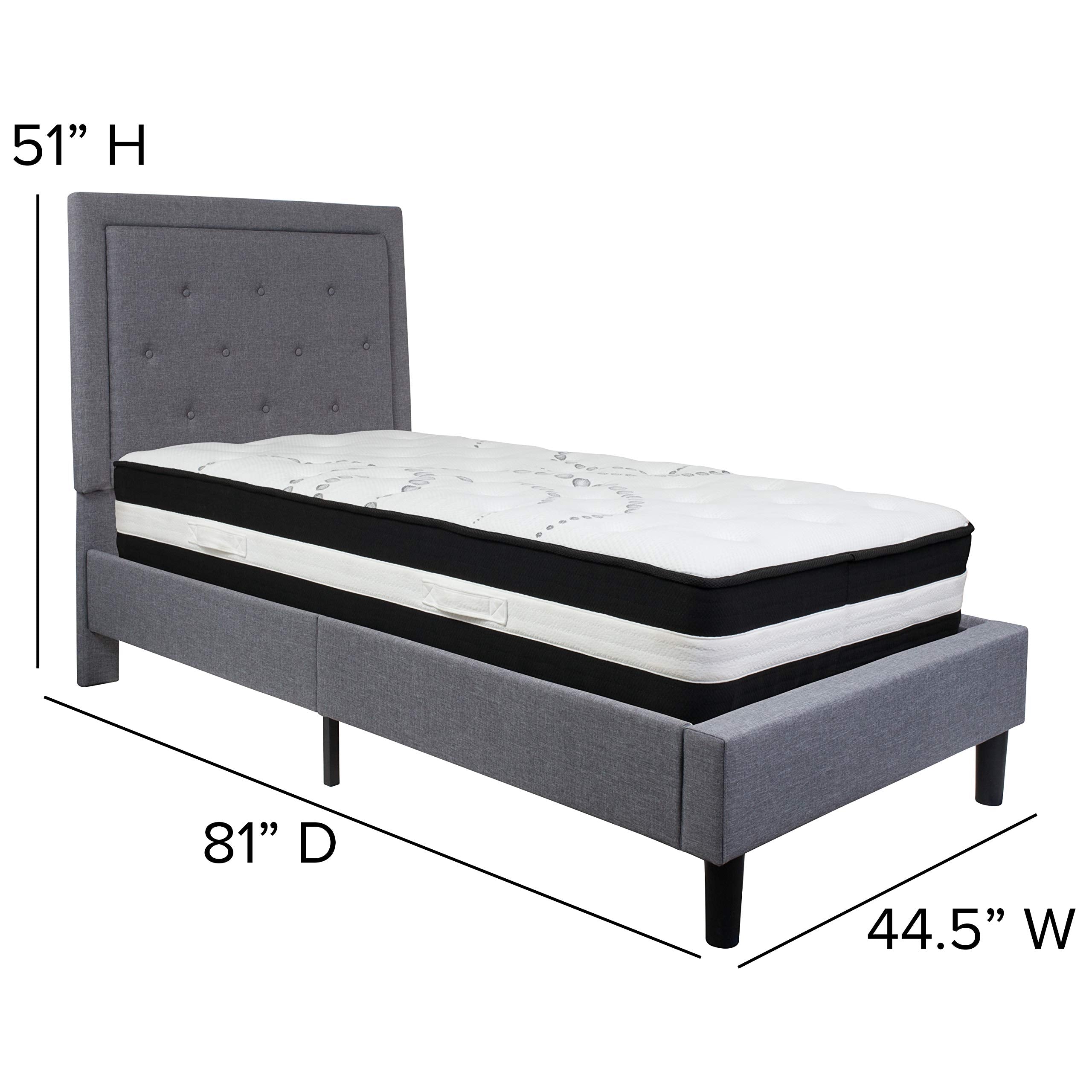 Flash Furniture Roxbury Twin Size Tufted Upholstered Platform Bed In Light Gray Fabric With Pocket Spring Mattress