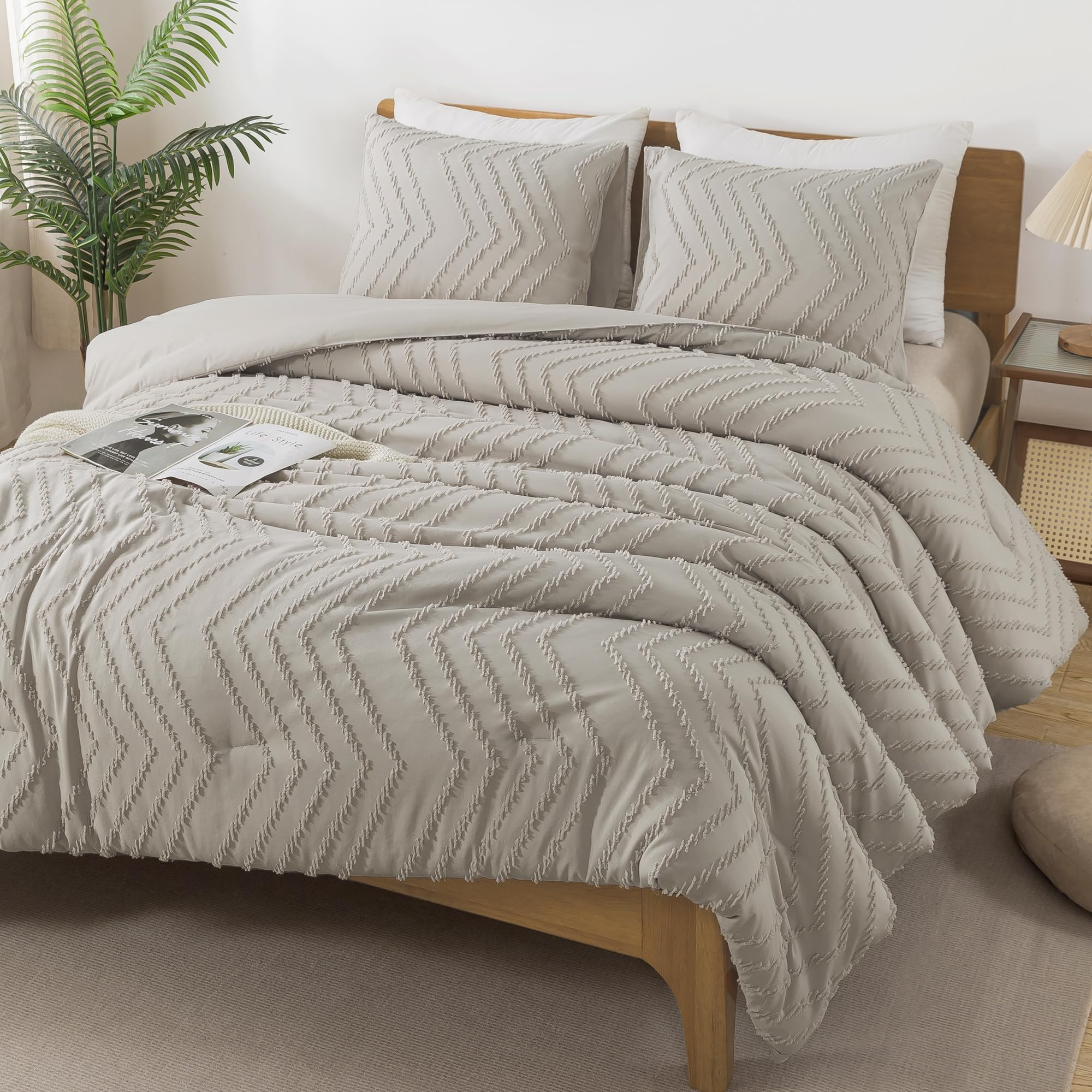 Andency Linen Comforter Set King Size, Boho Soft Warm Tufted Bedding Comforter Sets For King Size Bed, 3 Pieces Aesthetic Chevro