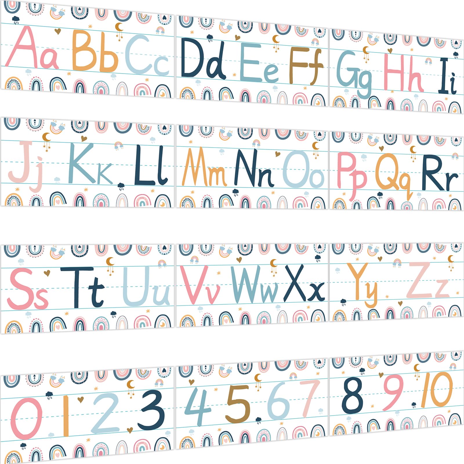 Gisgfim 12 Pieces Retro Alphabet Bulletin Board Strips Set Boho Rainbow Alphabet Line Abc Alphabet Banner & Number Border Poster