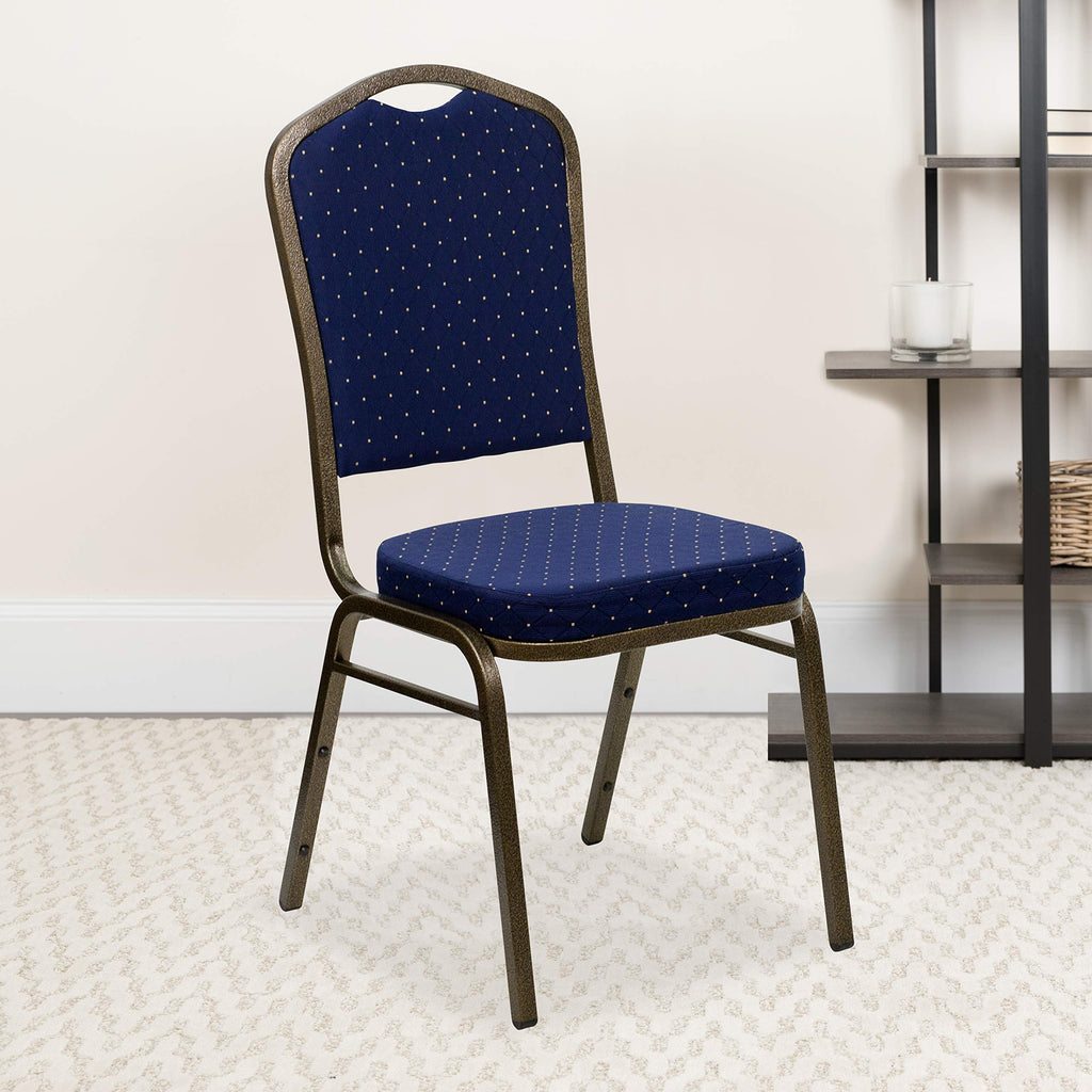 Flash Furniture Hercules Series Crown Back Stacking Banquet Chair In Navy Blue Dot Patterned Fabric - Gold Vein Frame