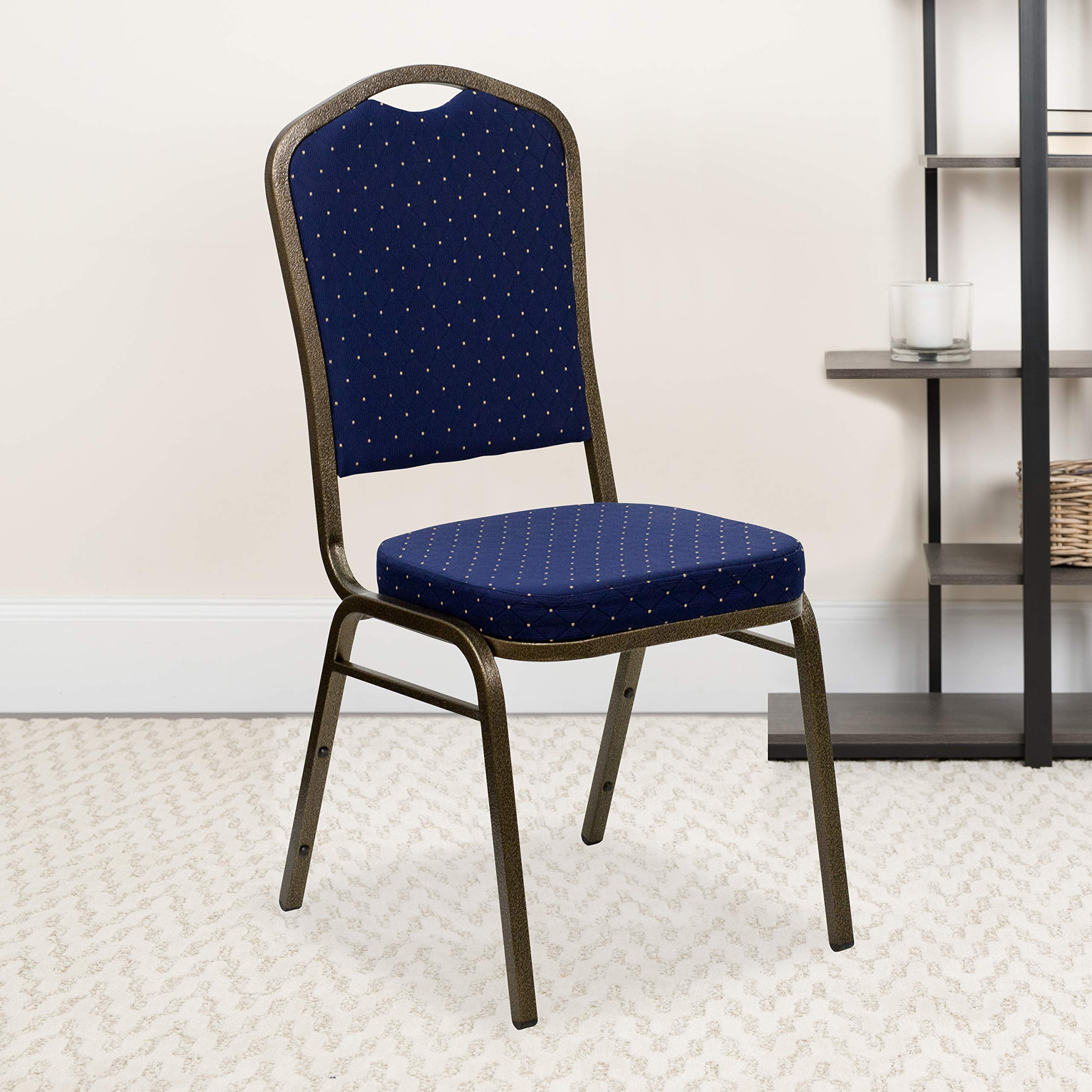 Flash Furniture Hercules Series Crown Back Stacking Banquet Chair In Navy Blue Dot Patterned Fabric - Gold Vein Frame