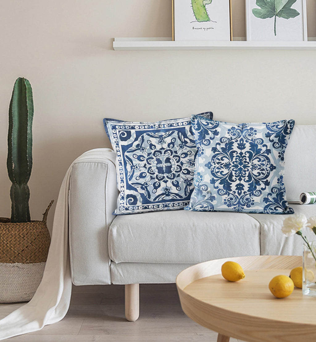 M-Qizi Blue Throw Pillow Covers - Linen Blue Pillow Covers 18X18 Set Of 2, Decorative Blue And White Pillow Covers, Chinoiserie