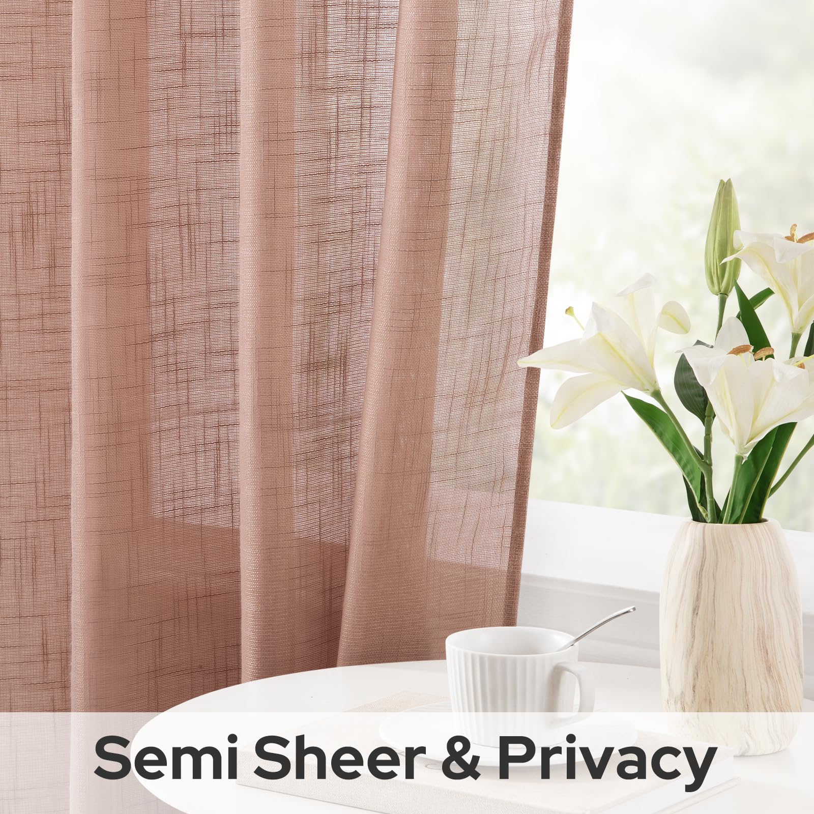 Homeideas Blush Pink Linen Sheer Curtains 63 Inches Long 2 Panels Textured Dusty Blush Semi Sheer Curtains Farmhouse Curtains Sh