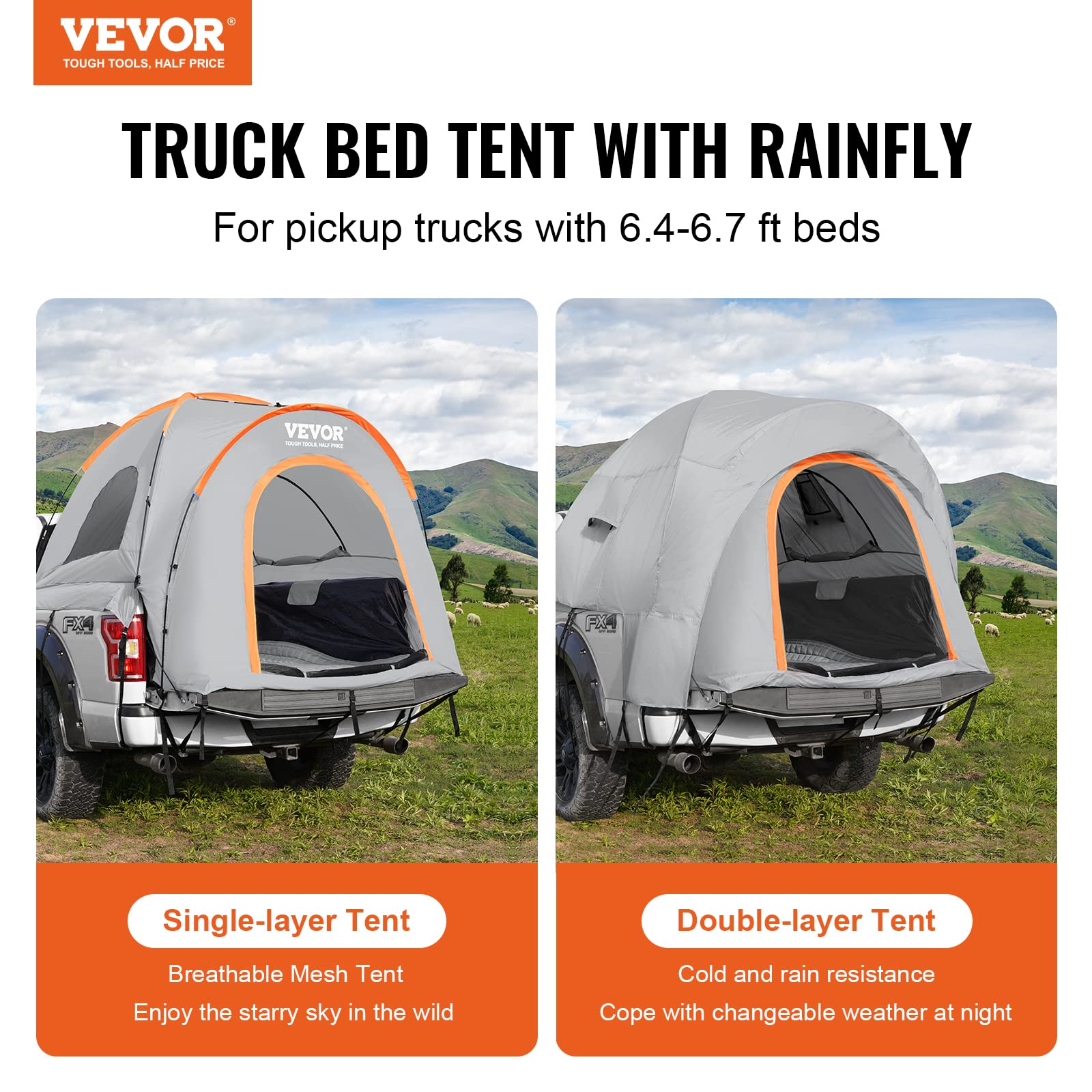Vevor Truck Bed Tent, 6.4'-6.7' Pickup Truck Tent With Rain Layer And Carry Bag, Waterproof Pu 2000Mm Double Layer Truck Tent, A