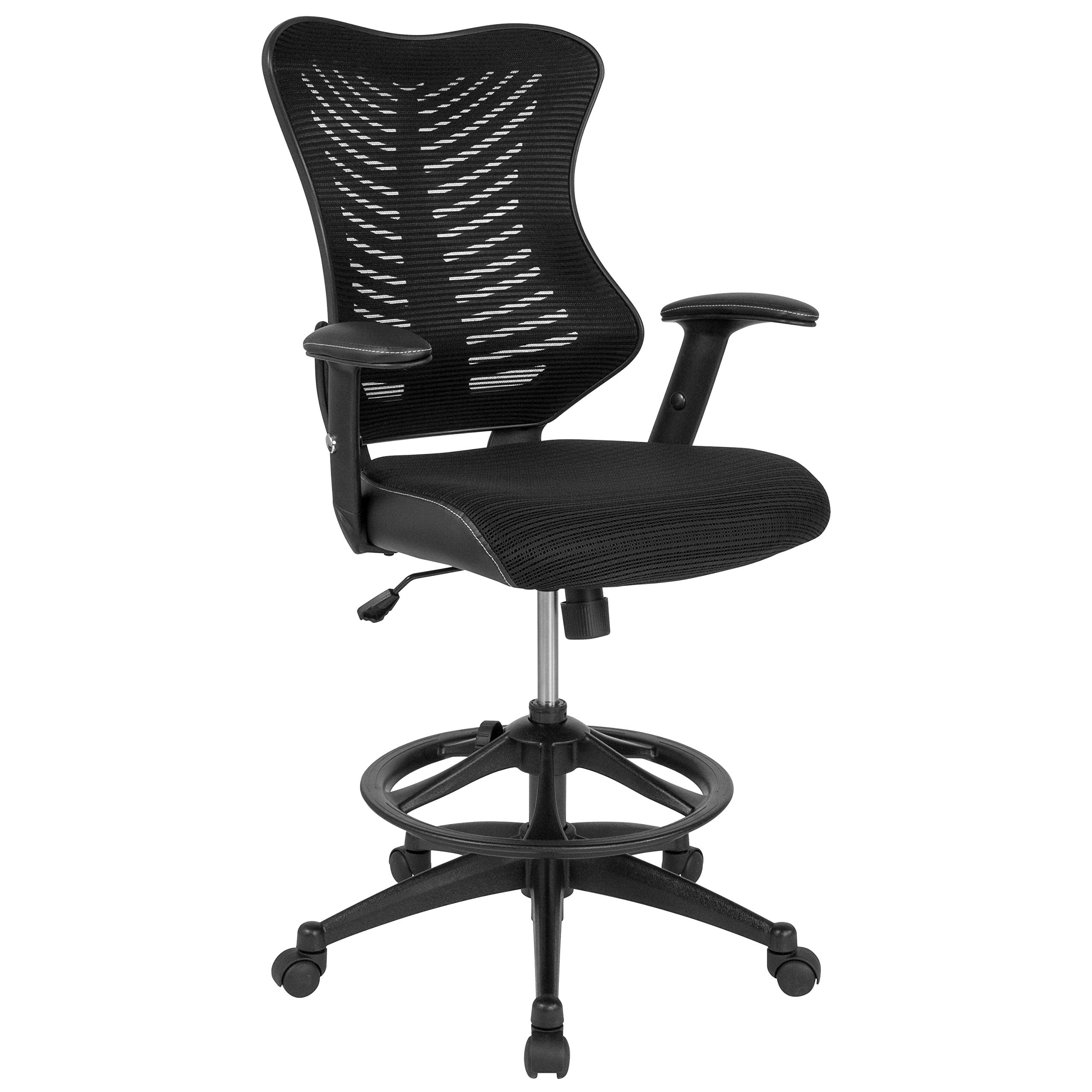 Flash Furniture Waylon High Back Designer Black Mesh Drafting Chair With Leathersoft Sides And Adjustable Arms