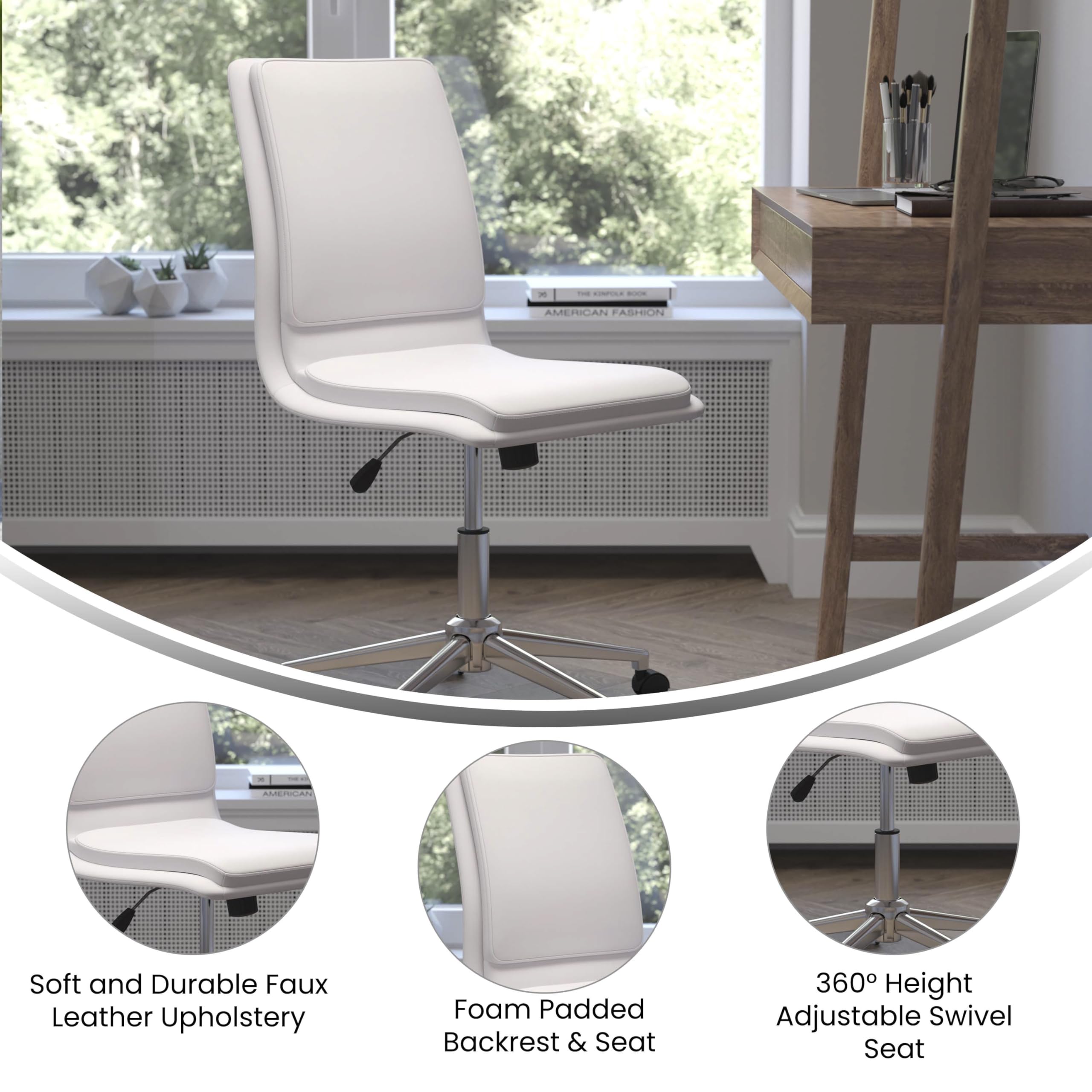Flash Furniture Madigan Task Office Chair - Luxurious White Leathersoft Upholstery - Padded Mid-Back And Seat - Height Adjustable Chrome Base - Armless