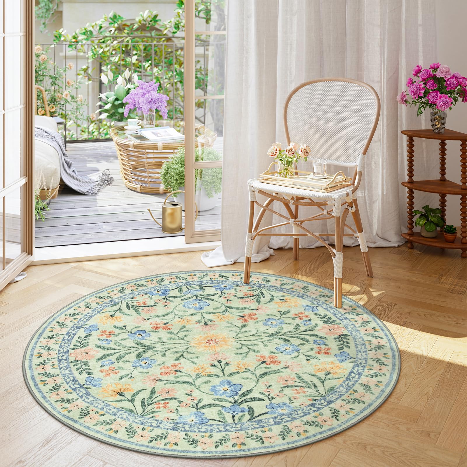 Wonnitar Washable Floral Round Rug, 6ft Sage Green Round Area Rugs for Bedroom Nursery, Boho Non-Slip Indoor Large Circle Carpet