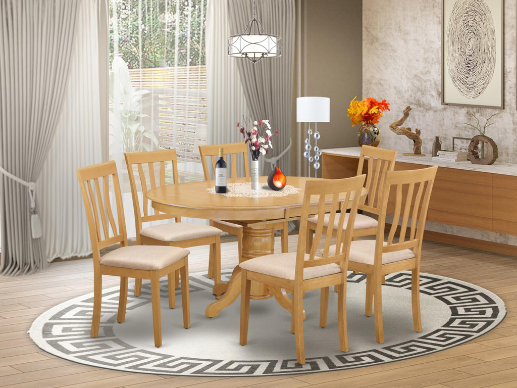 East-West Furniture AVAT7-OAK-C Modern Dining Table Set- 6 Great Wooden Dining Room Chairs with Linen Fabric Seat - A Beautiful Butterfly Leaf Dining Table (Oak Finish)