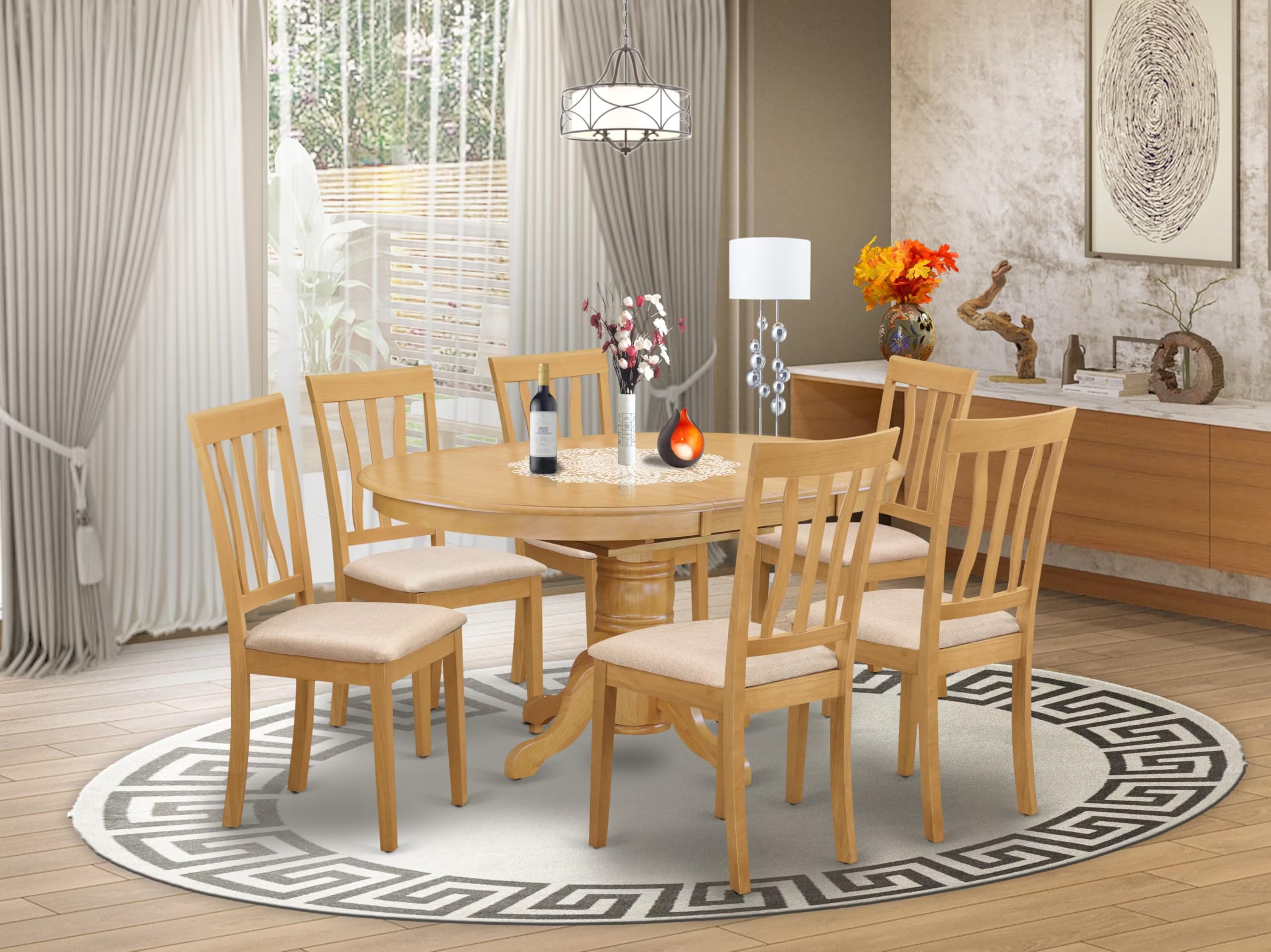 East-West Furniture AVAT7-OAK-C Modern Dining Table Set- 6 Great Wooden Dining Room Chairs with Linen Fabric Seat - A Beautiful Butterfly Leaf Dining Table (Oak Finish)