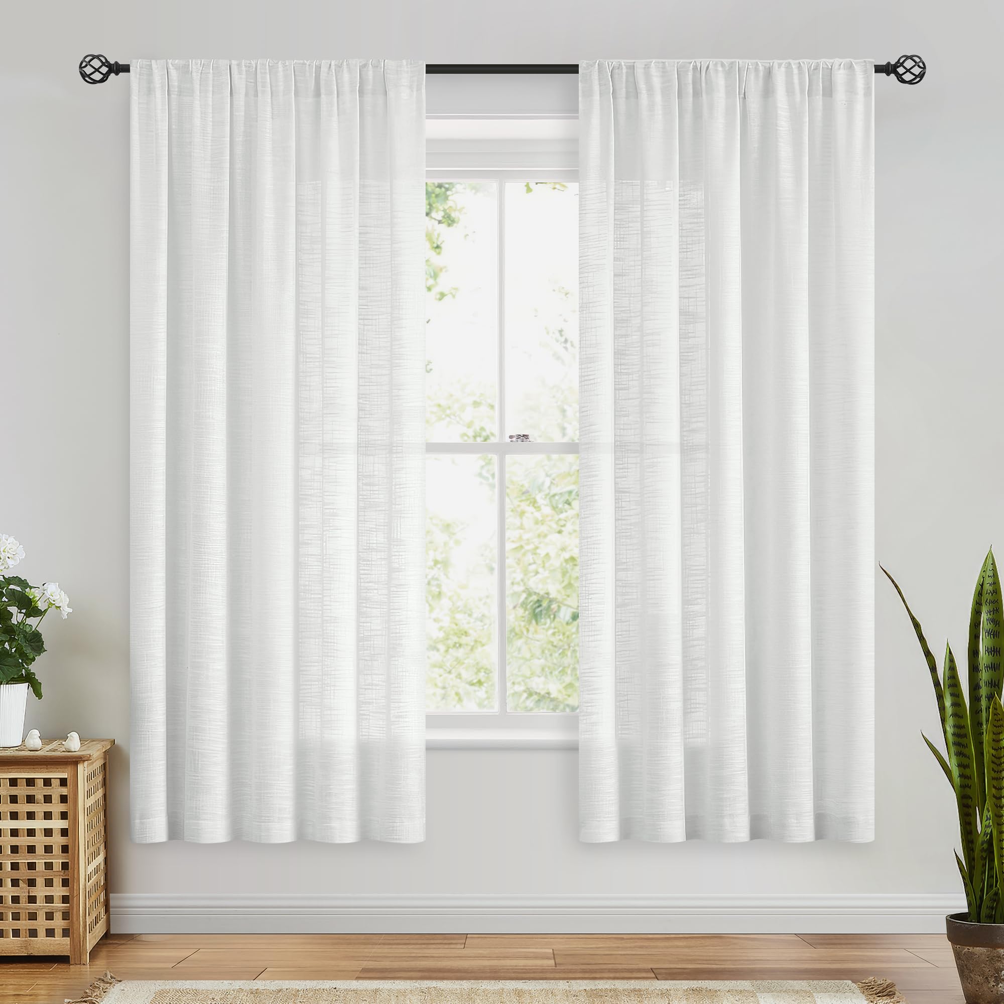 Fmfunctex Linen Semi Sheer White Curtains For Bedroom Living Room, Curtain Panels 63 Inch Length Sheer Linen Textured Window Dra