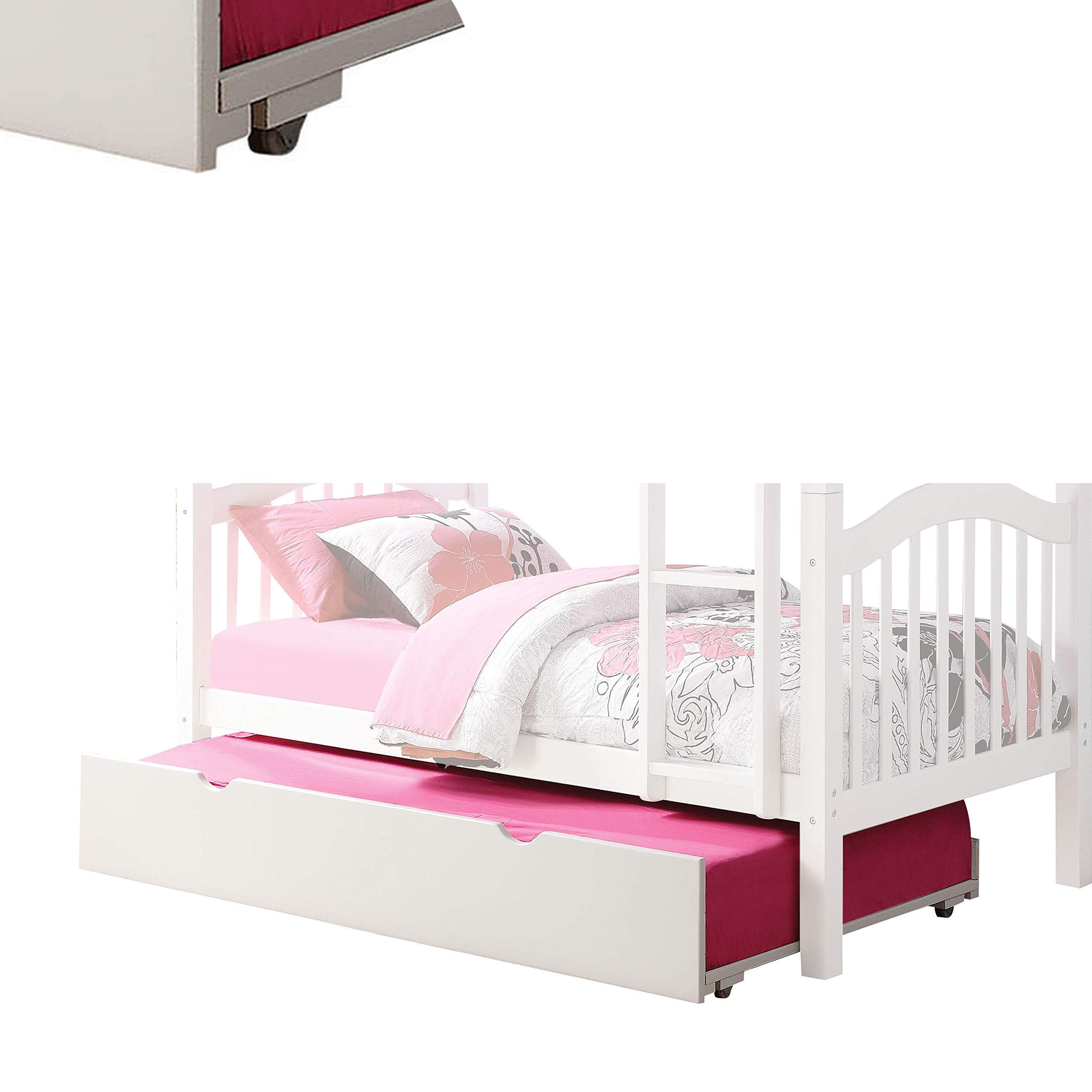 Benjara Twin Size Wooden Trundle with Caster Wheels and Cut Out Handles, White