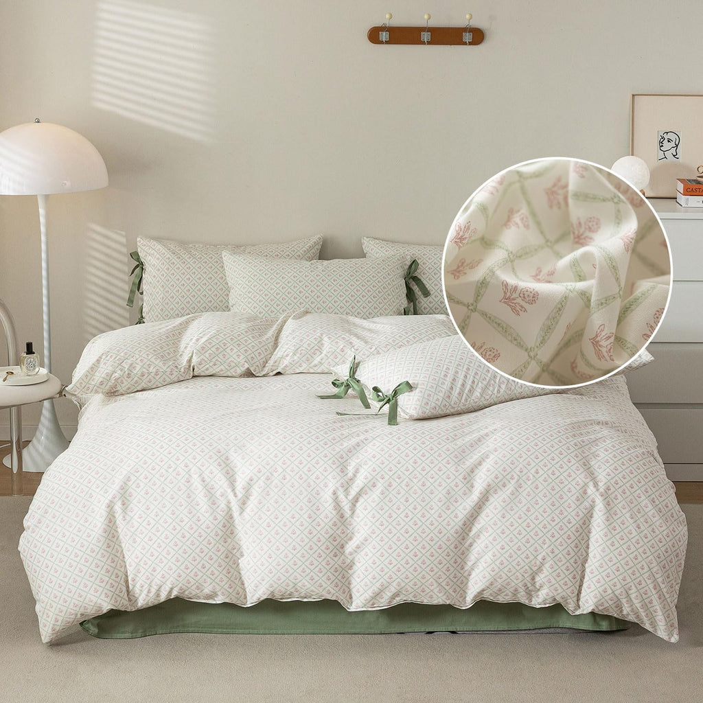 Lifetb Boho Floral Duvet Cover Queen Garden Style Pink Flower Duvet Cover Cotton Plaid Grid Comforter Cover With 2 Bowknot Pillo