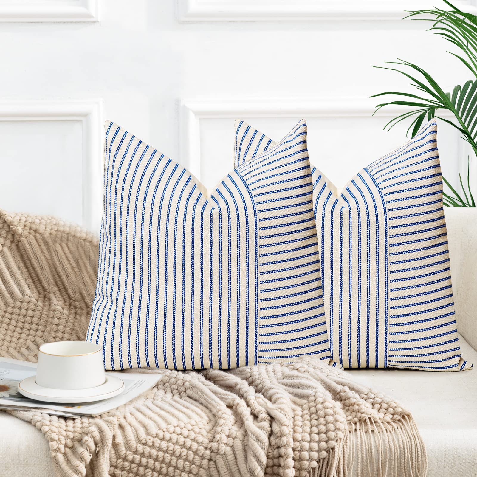 Farmhouse Pillow Covers 18X18, Modern Accent Square Throw Pillow Covers Set Of 2, Blue And Beige Striped Patchwork Linen Decorat