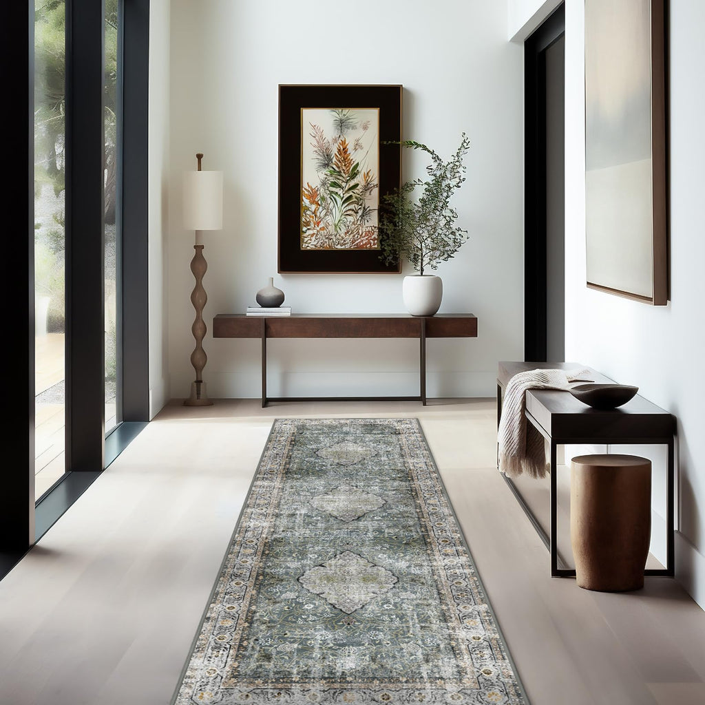 Ashler Runners for Hallways, 2x6 Runner Rugs, Ultra-Thin Boho Rug, Vintage Long Rugs for Entryway, Kitchen, Grey Cya/Earthy Yell