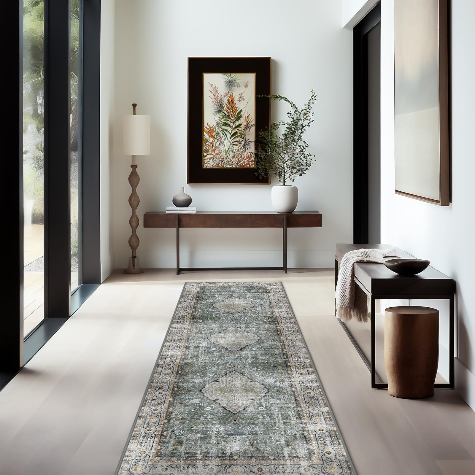 Ashler Runners for Hallways, 2x6 Runner Rugs, Ultra-Thin Boho Rug, Vintage Long Rugs for Entryway, Kitchen, Grey Cya/Earthy Yell