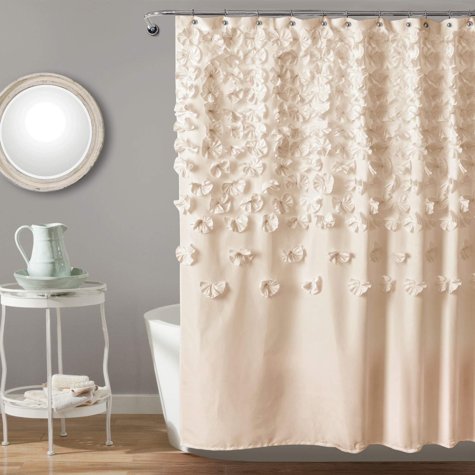 Lush Decor Lucia Shower Curtain - Fabric, Ruched, Floral, Textured Vintage Chic, Farmhouse Style Design, 72    X 72   , Ivory